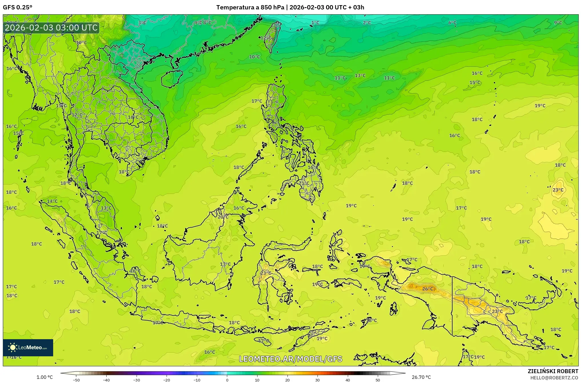 GFS model - Sudeste Asiático, Temperatura a 850 hPa