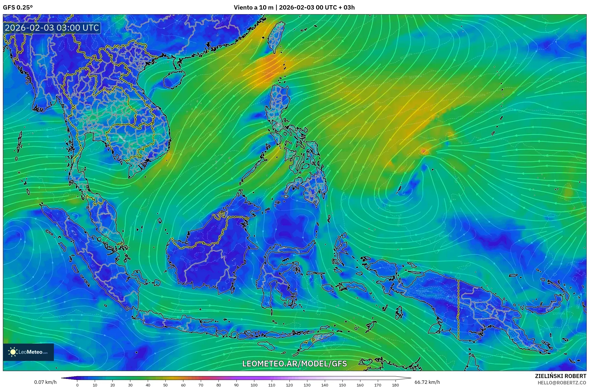 GFS model - Sudeste Asiático, Viento a 10 m