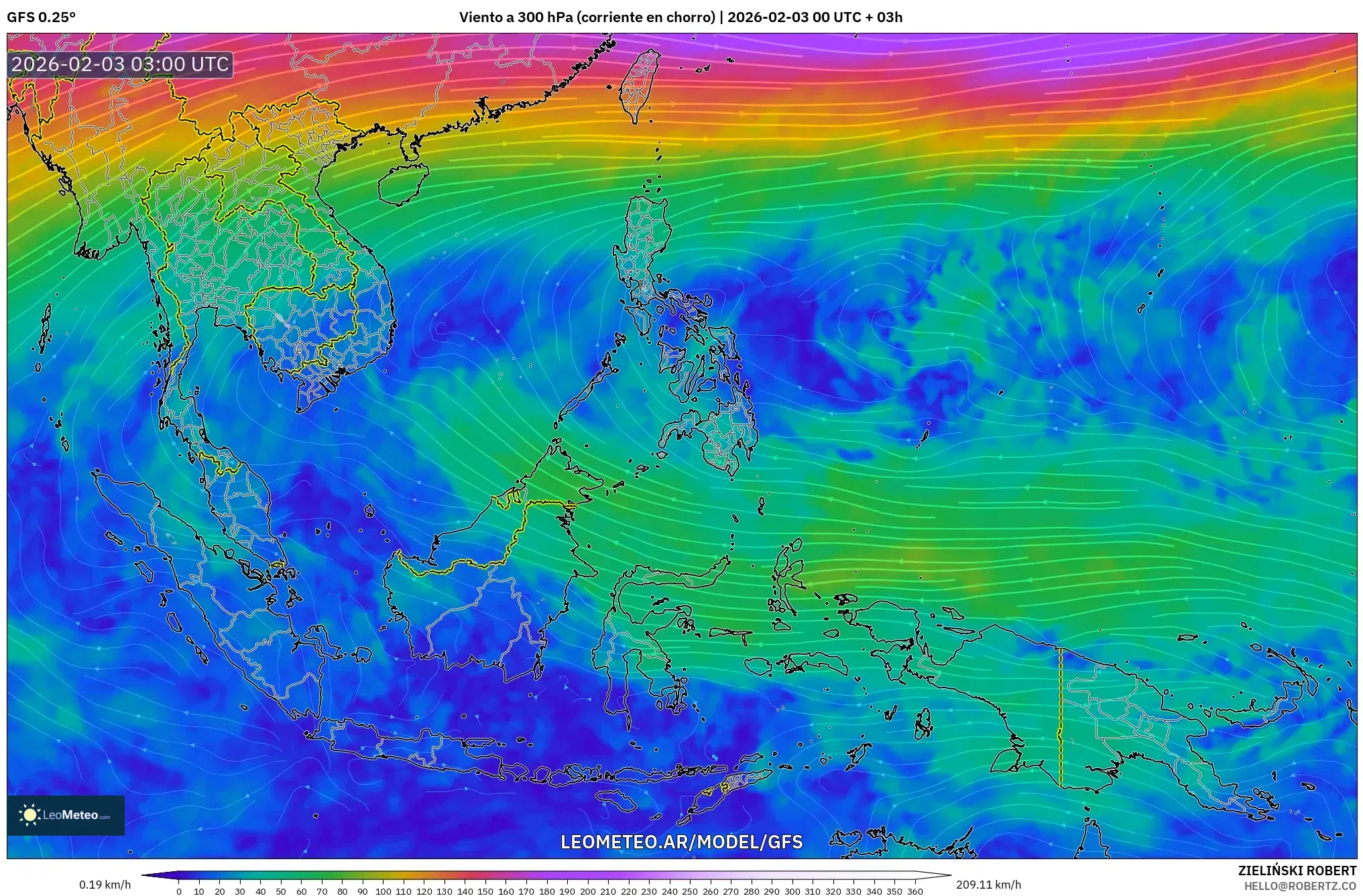 GFS model - Sudeste Asiático, Viento a 300 hPa (corriente en chorro)