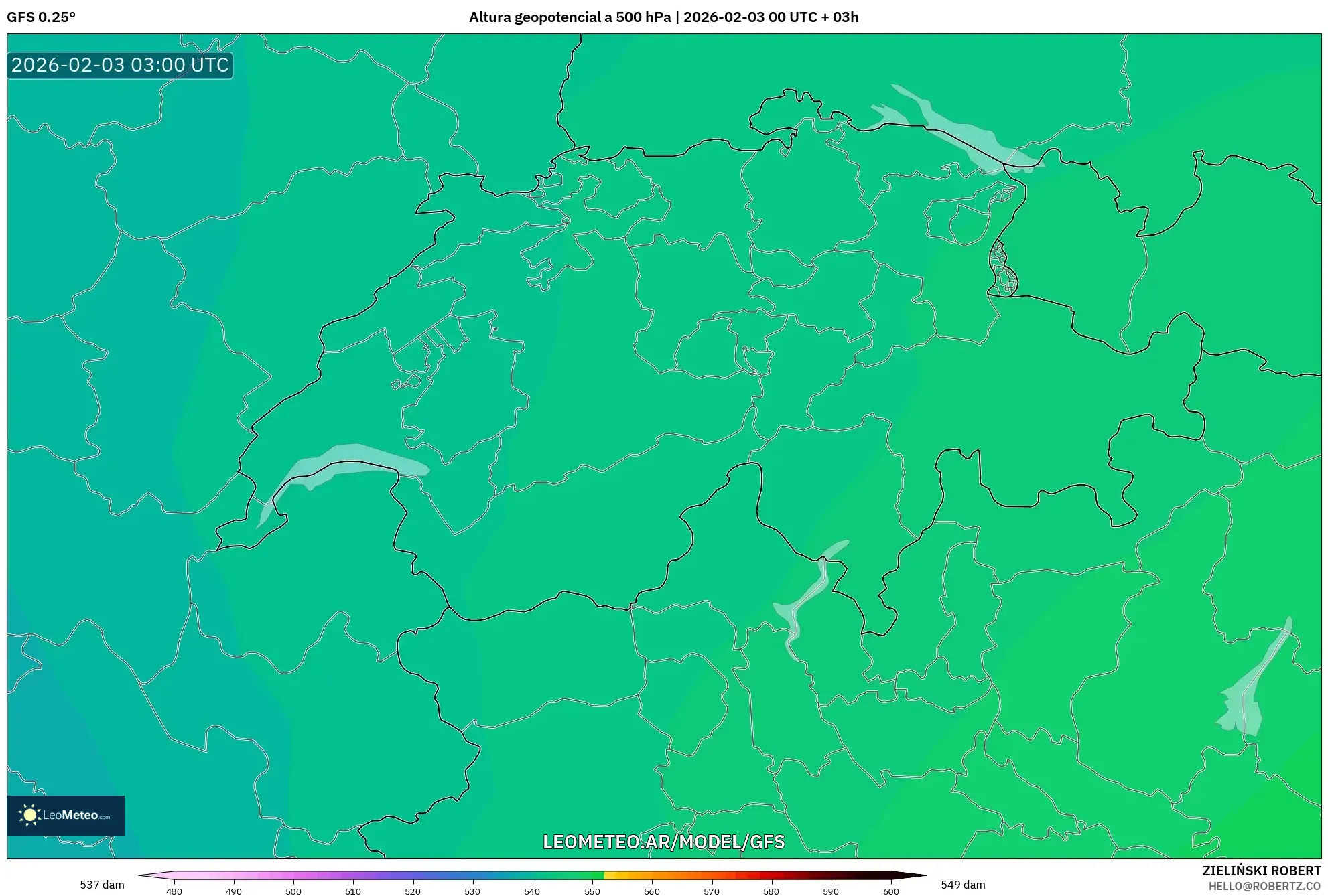 GFS model - Suiza, Altura geopotencial a 500 hPa