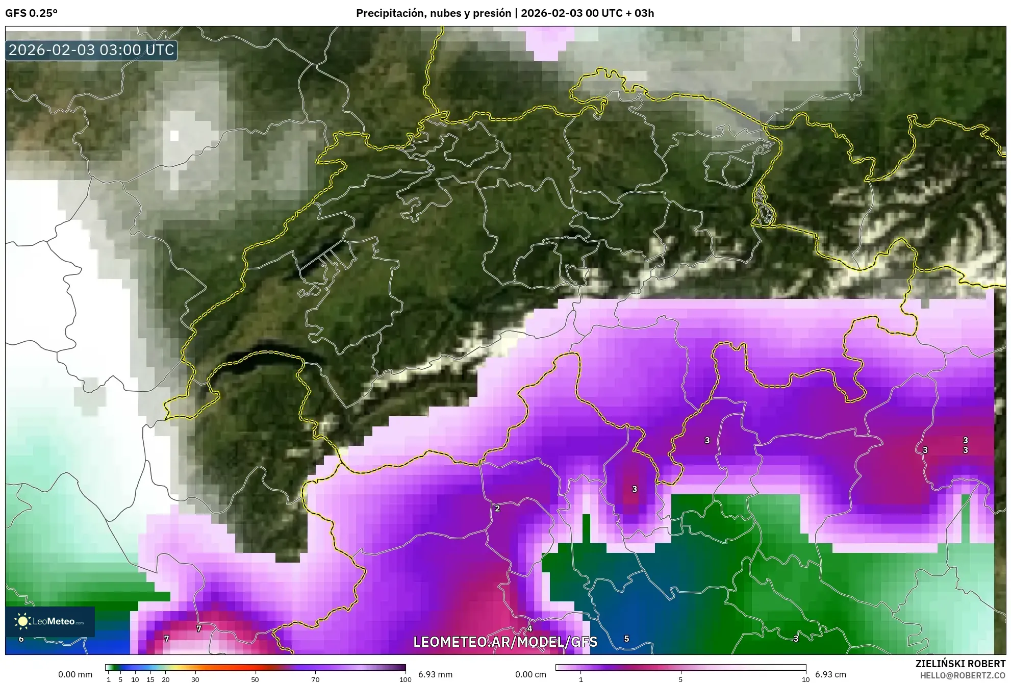 GFS model - Suiza, Precipitación, nubes y presión