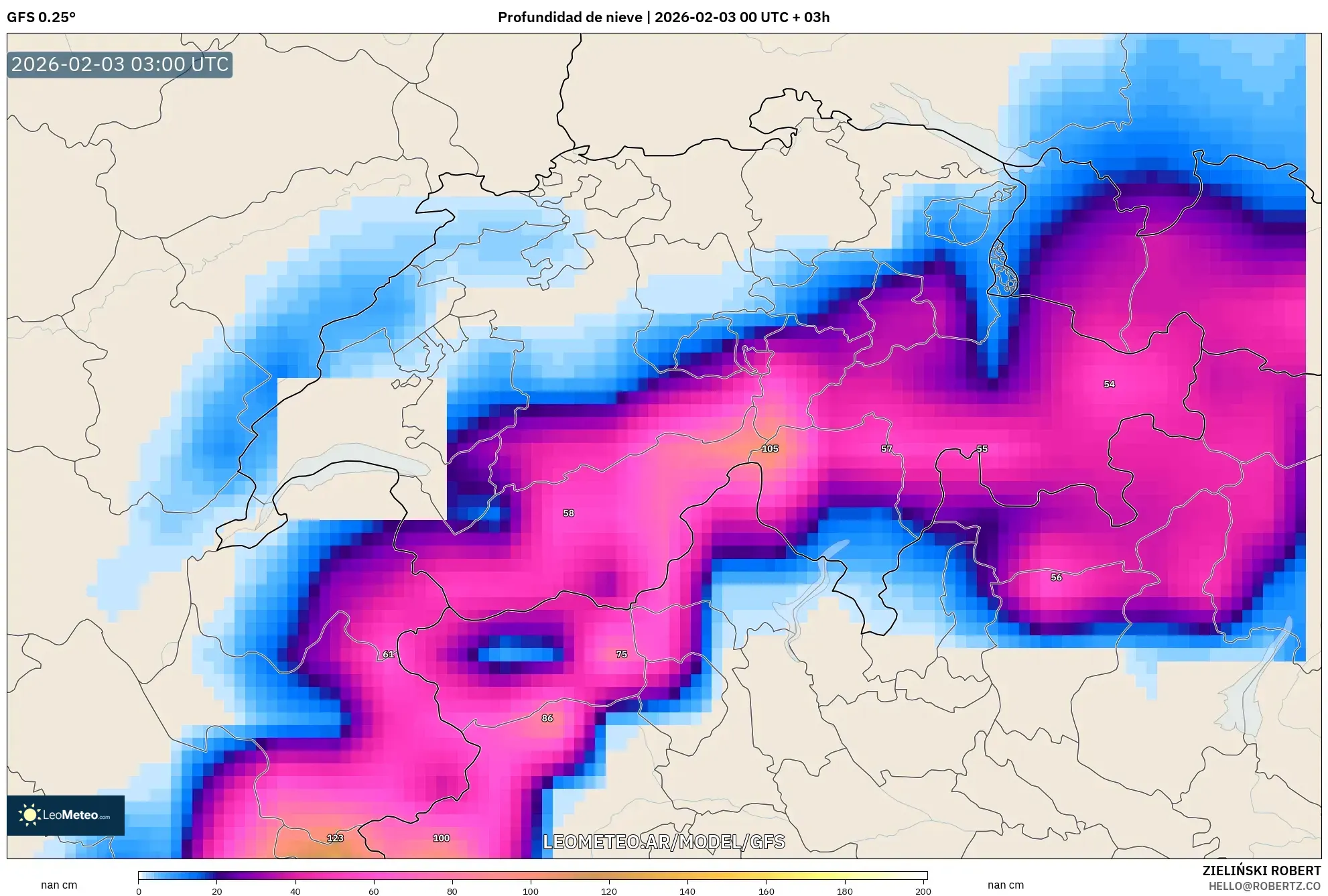 GFS model - Suiza, Profundidad de nieve