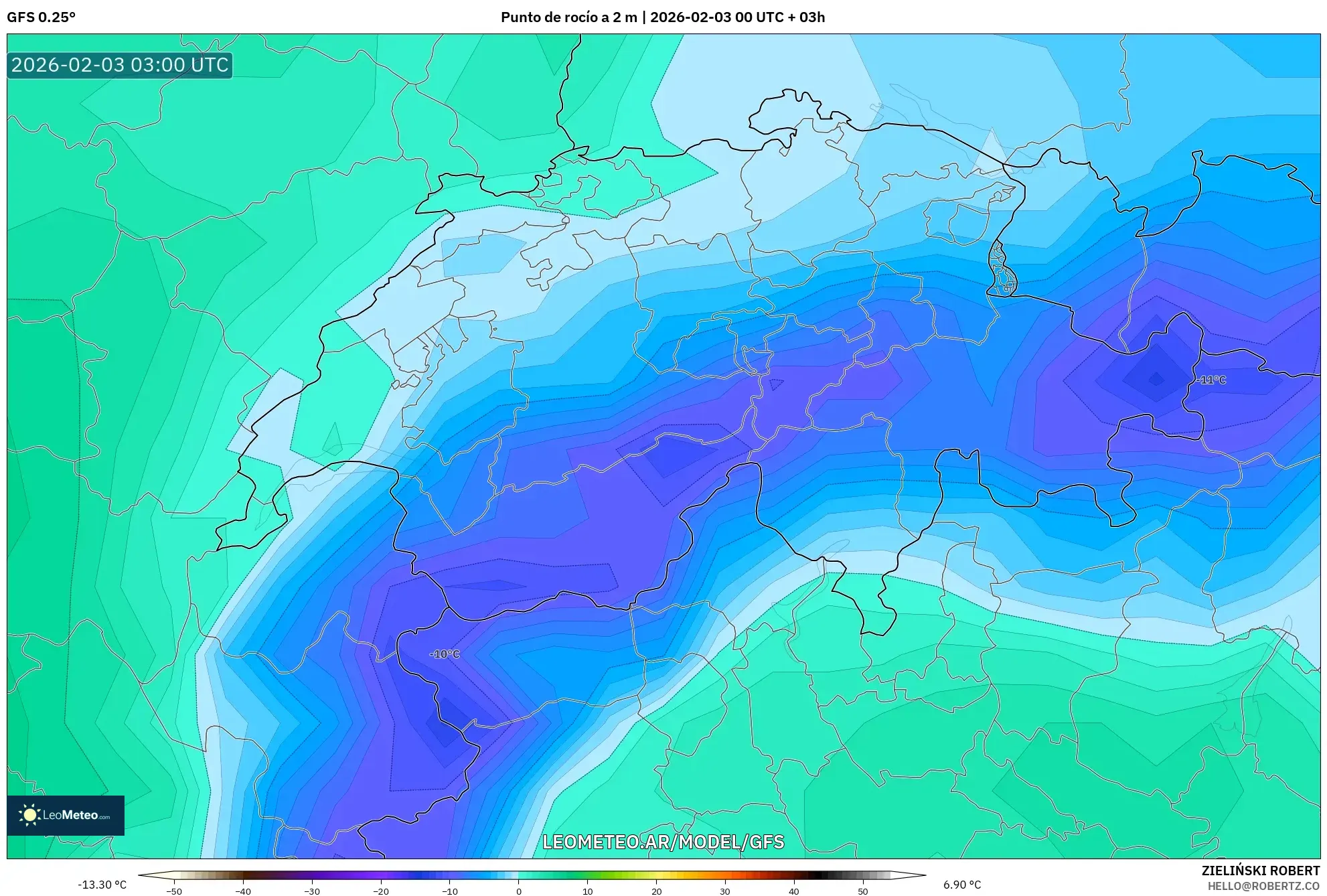 GFS model - Suiza, Punto de rocío a 2 m