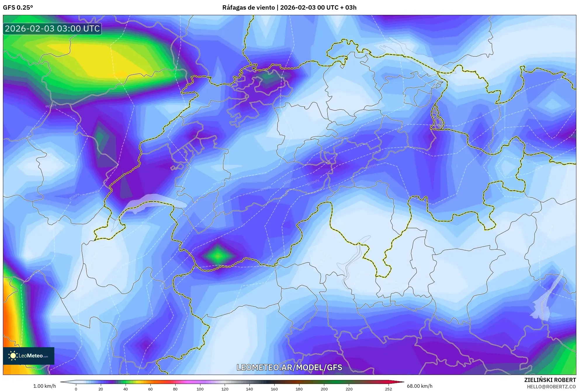 GFS model - Suiza, Ráfagas de viento