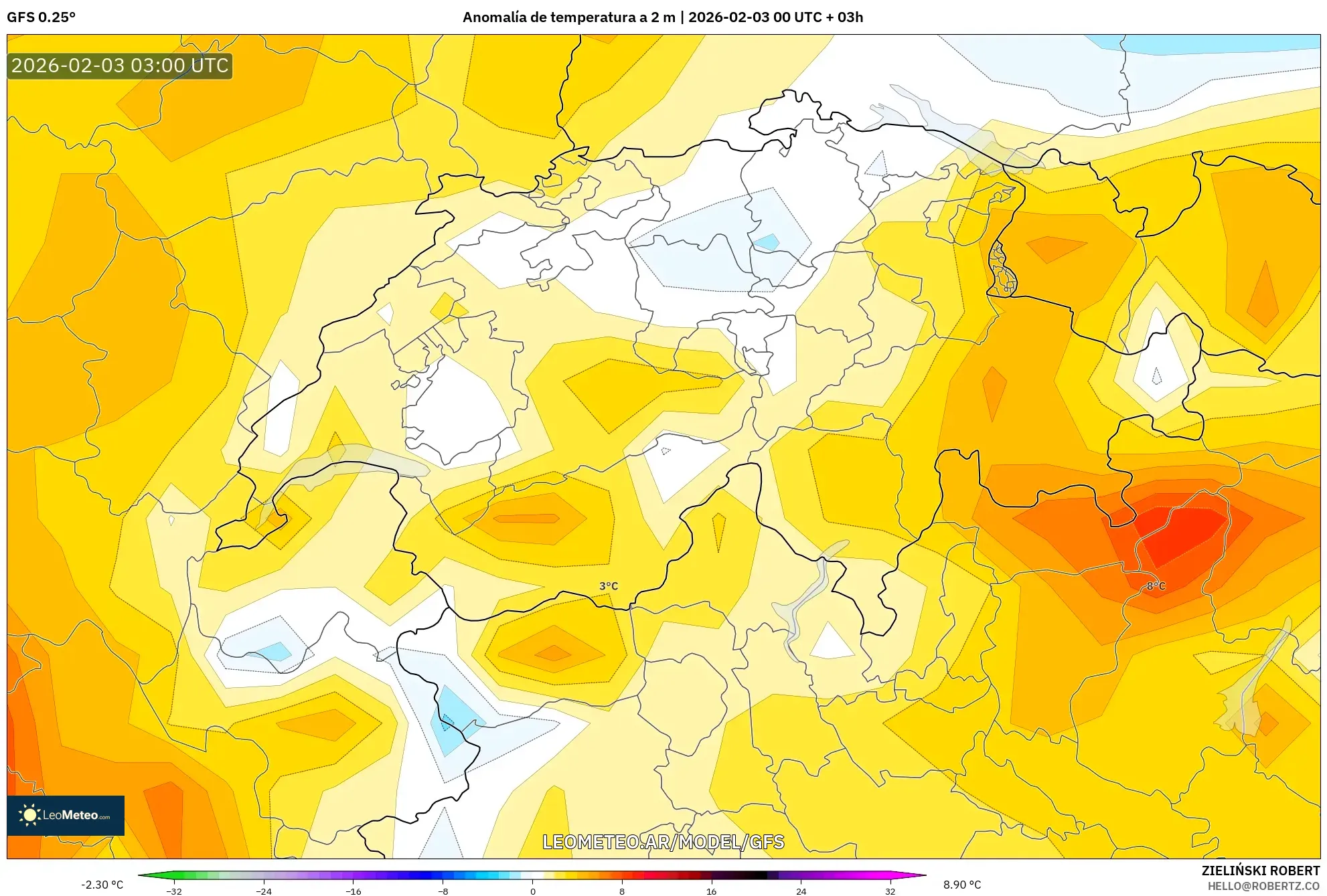GFS model - Suiza, Anomalía de temperatura a 2 m