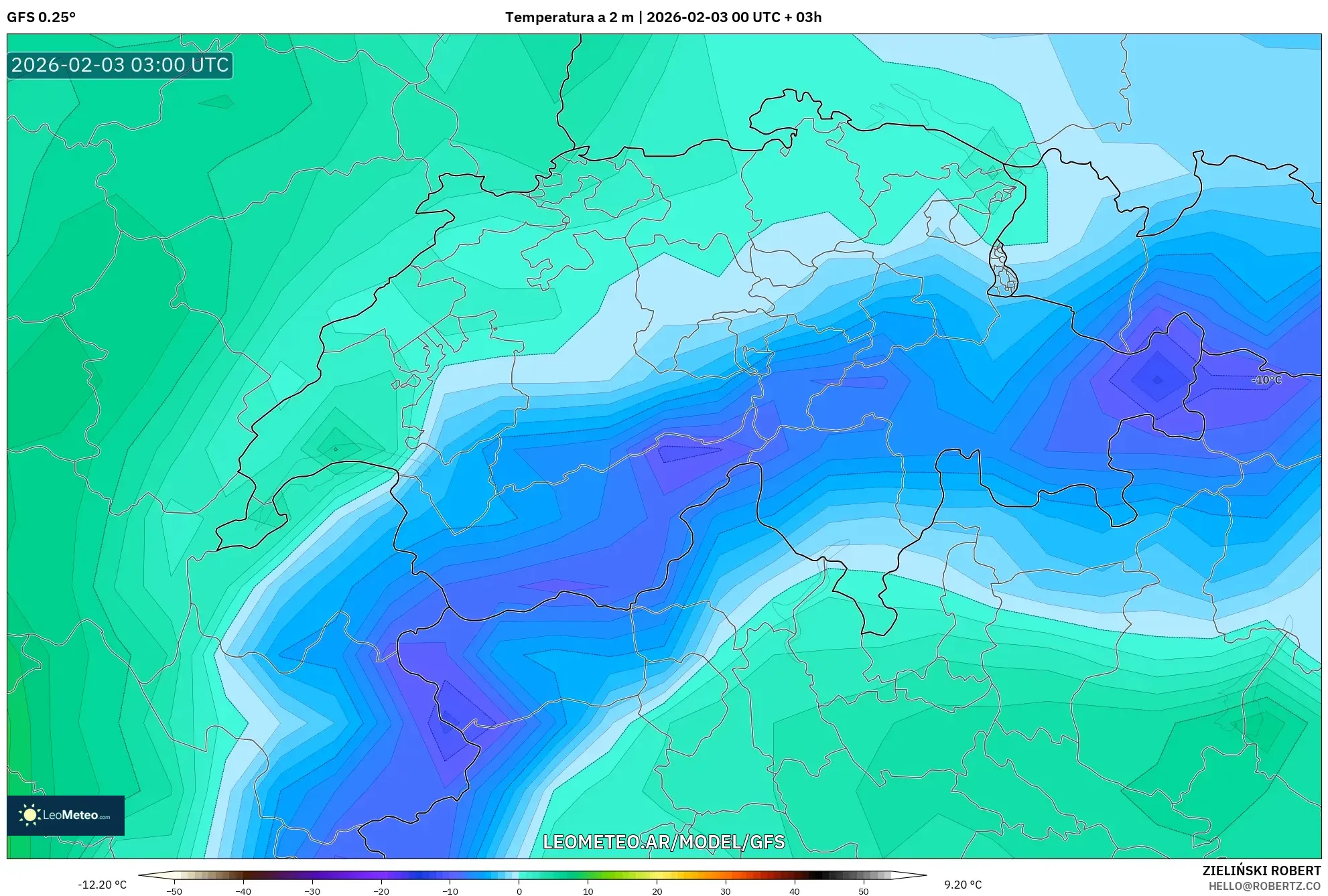 GFS model - Suiza, Temperatura a 2 m