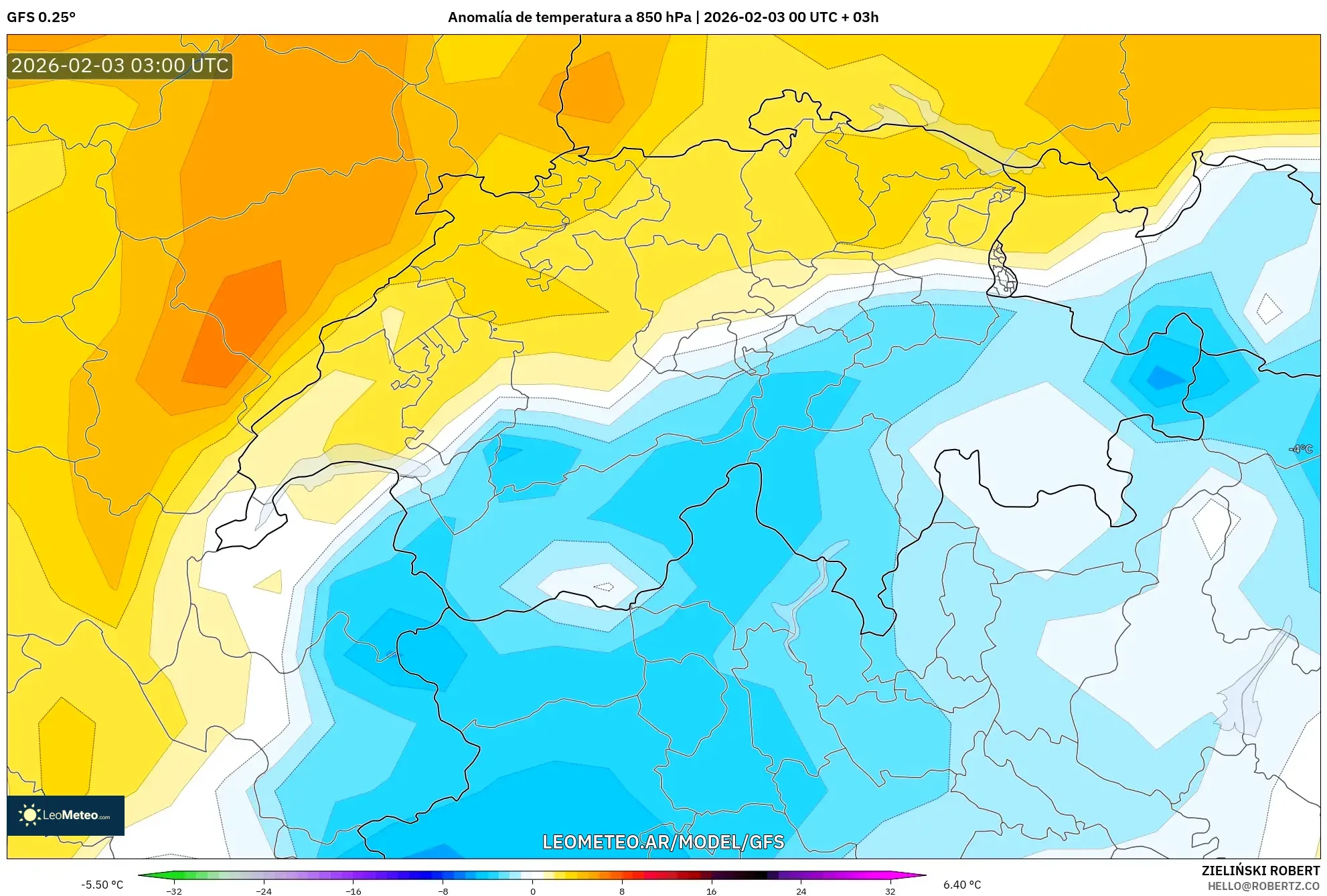 GFS model - Suiza, Anomalía de temperatura a 850 hPa