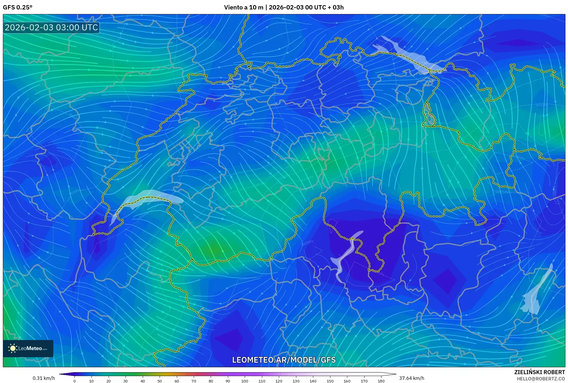 GFS model - Suiza, Viento a 10 m