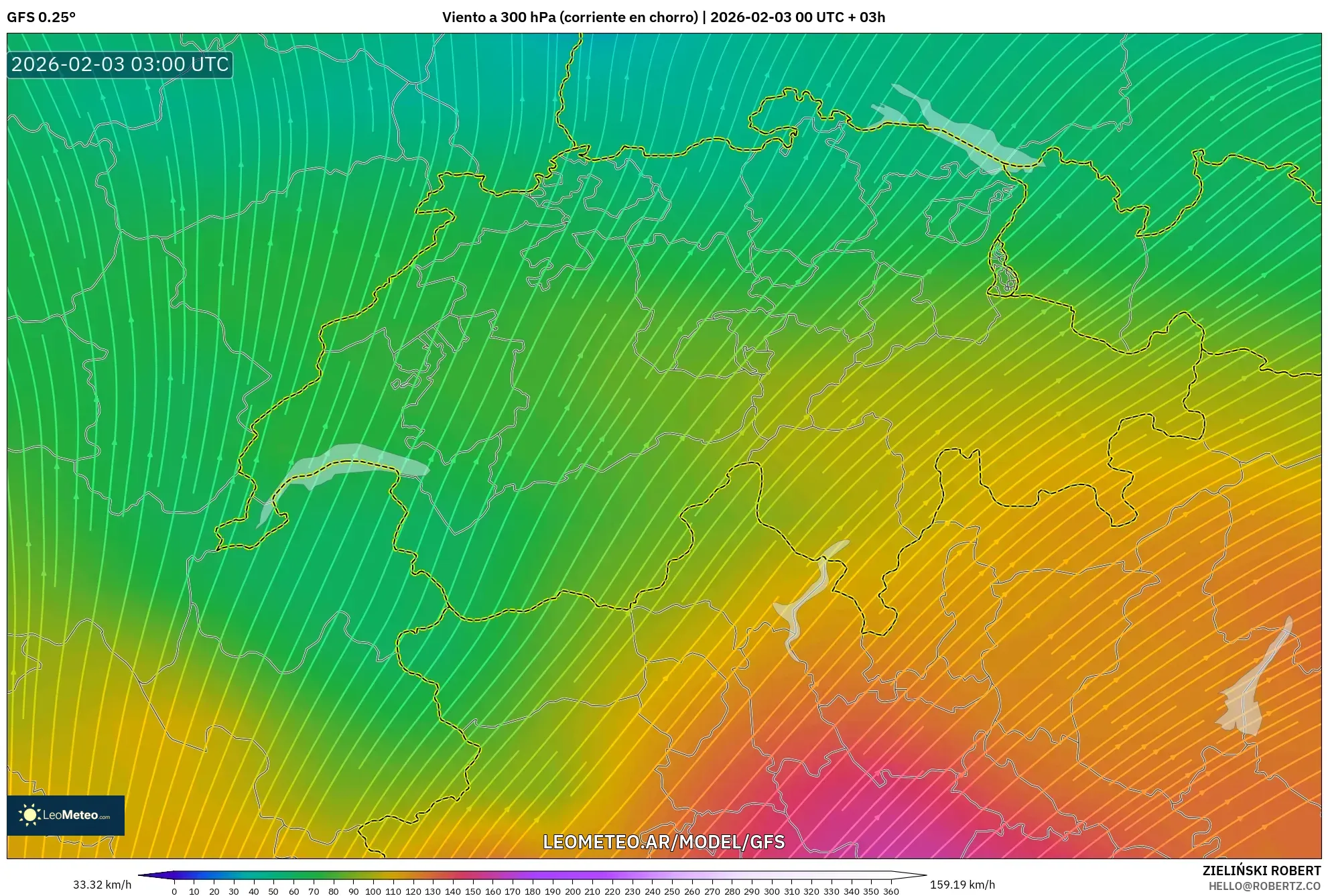 GFS model - Suiza, Viento a 300 hPa (corriente en chorro)
