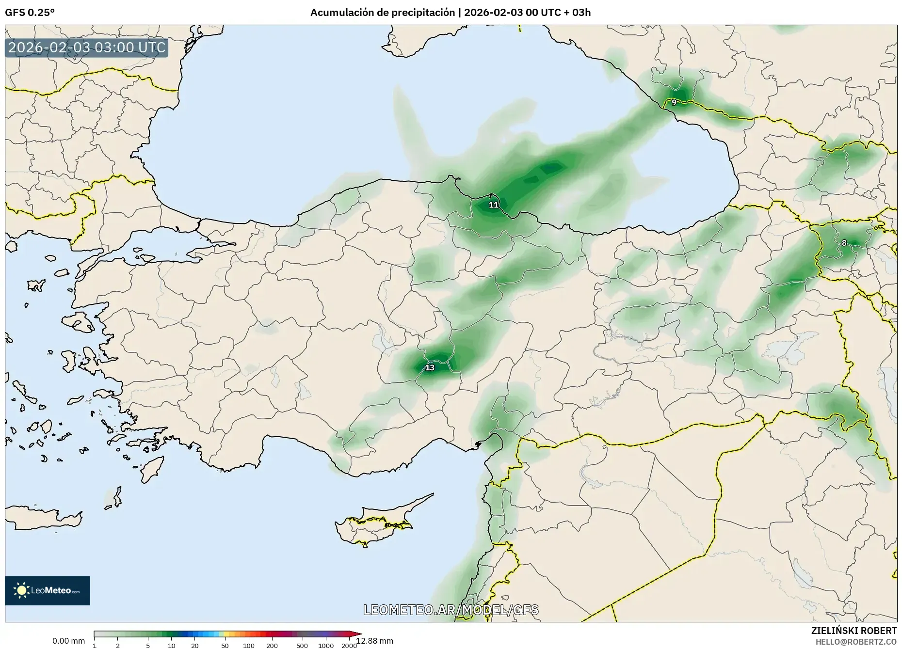 GFS model - Turquía, Acumulación de precipitación
