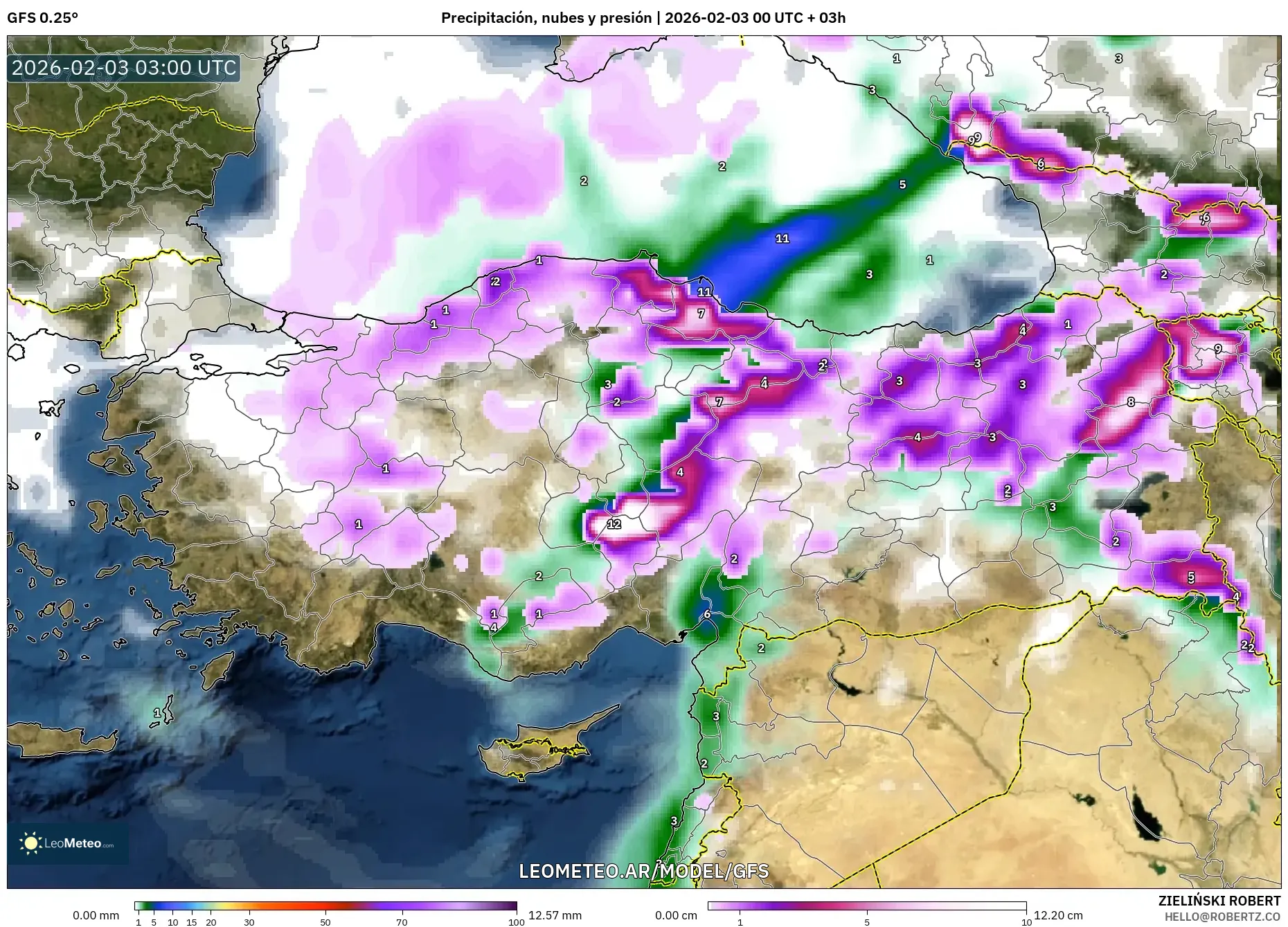 GFS model - Turquía, Precipitación, nubes y presión