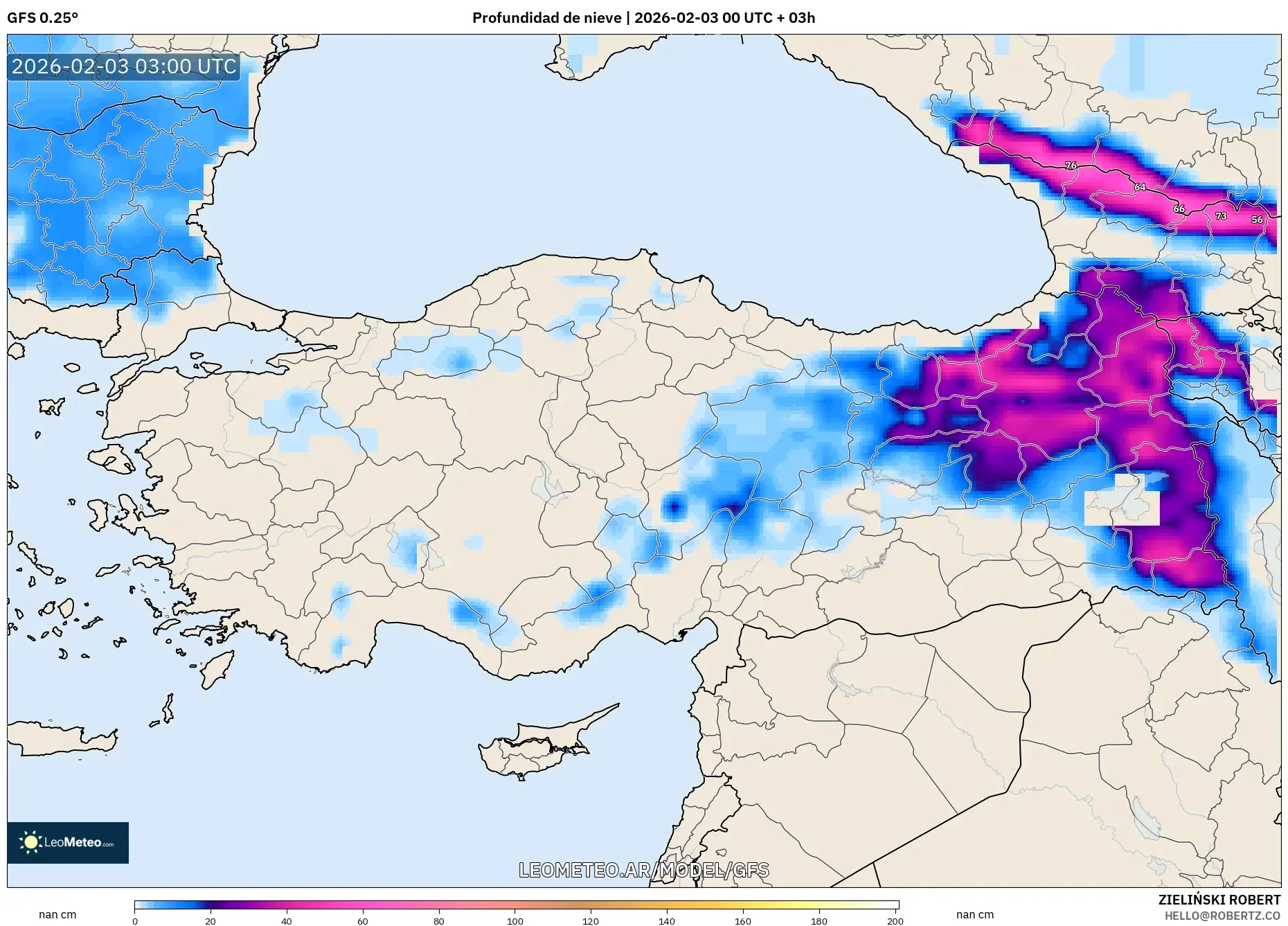 GFS model - Turquía, Profundidad de nieve