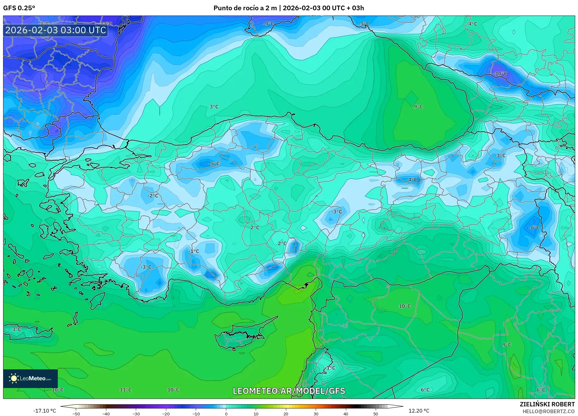 GFS model - Turquía, Punto de rocío a 2 m
