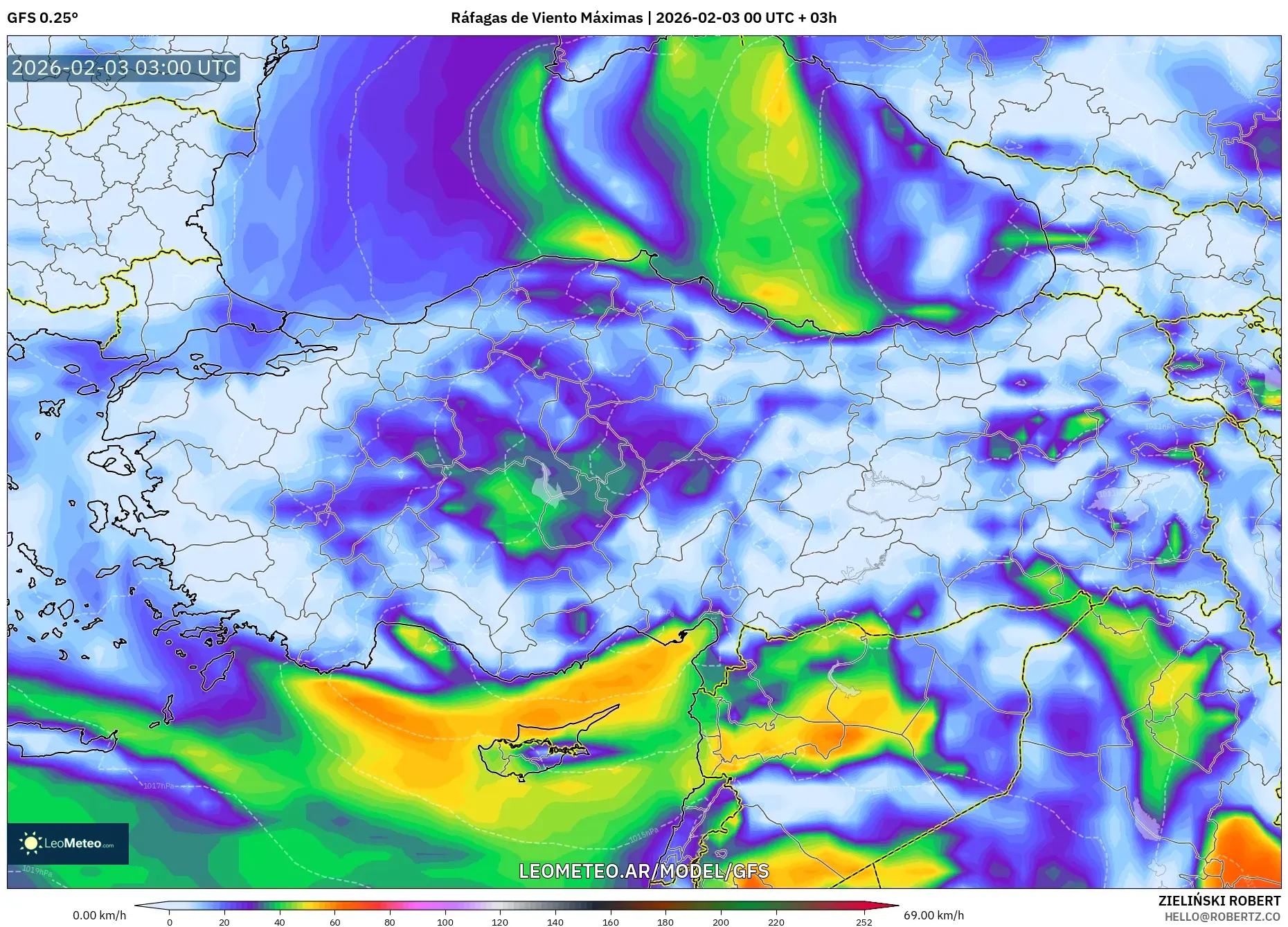 GFS model - Turquía, Ráfagas de Viento Máximas