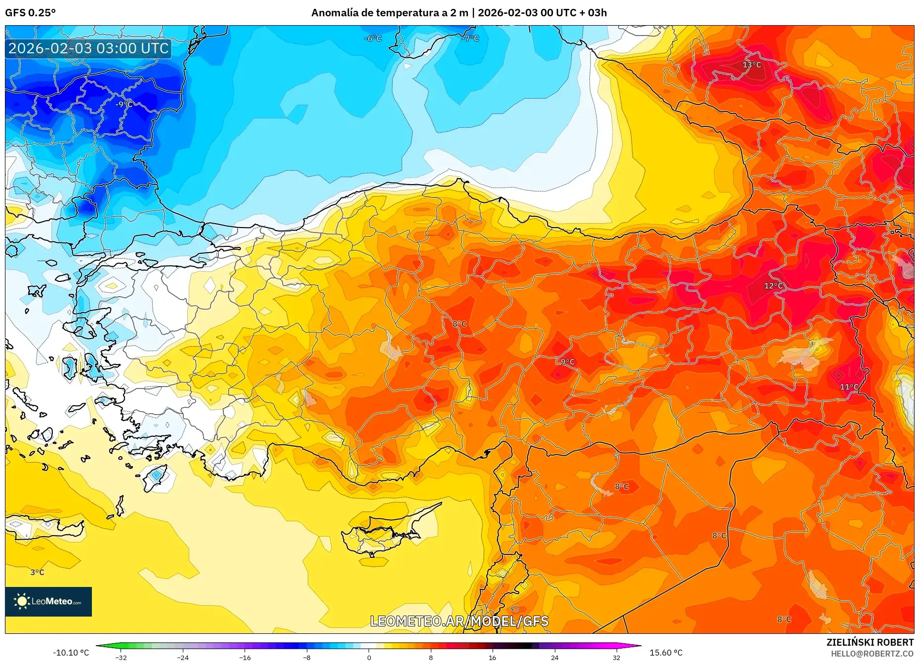 GFS model - Turquía, Anomalía de temperatura a 2 m