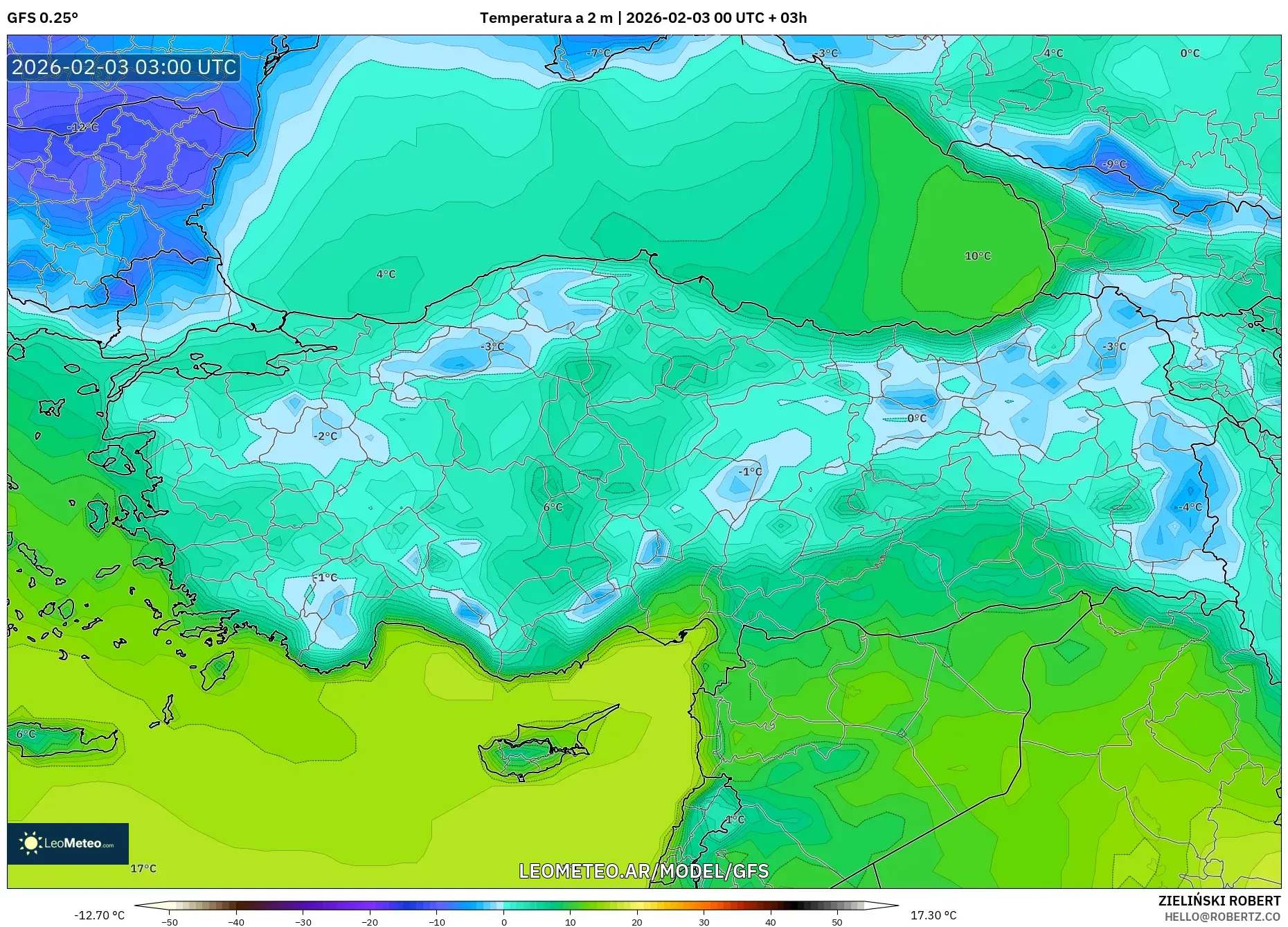 GFS model - Turquía, Temperatura a 2 m