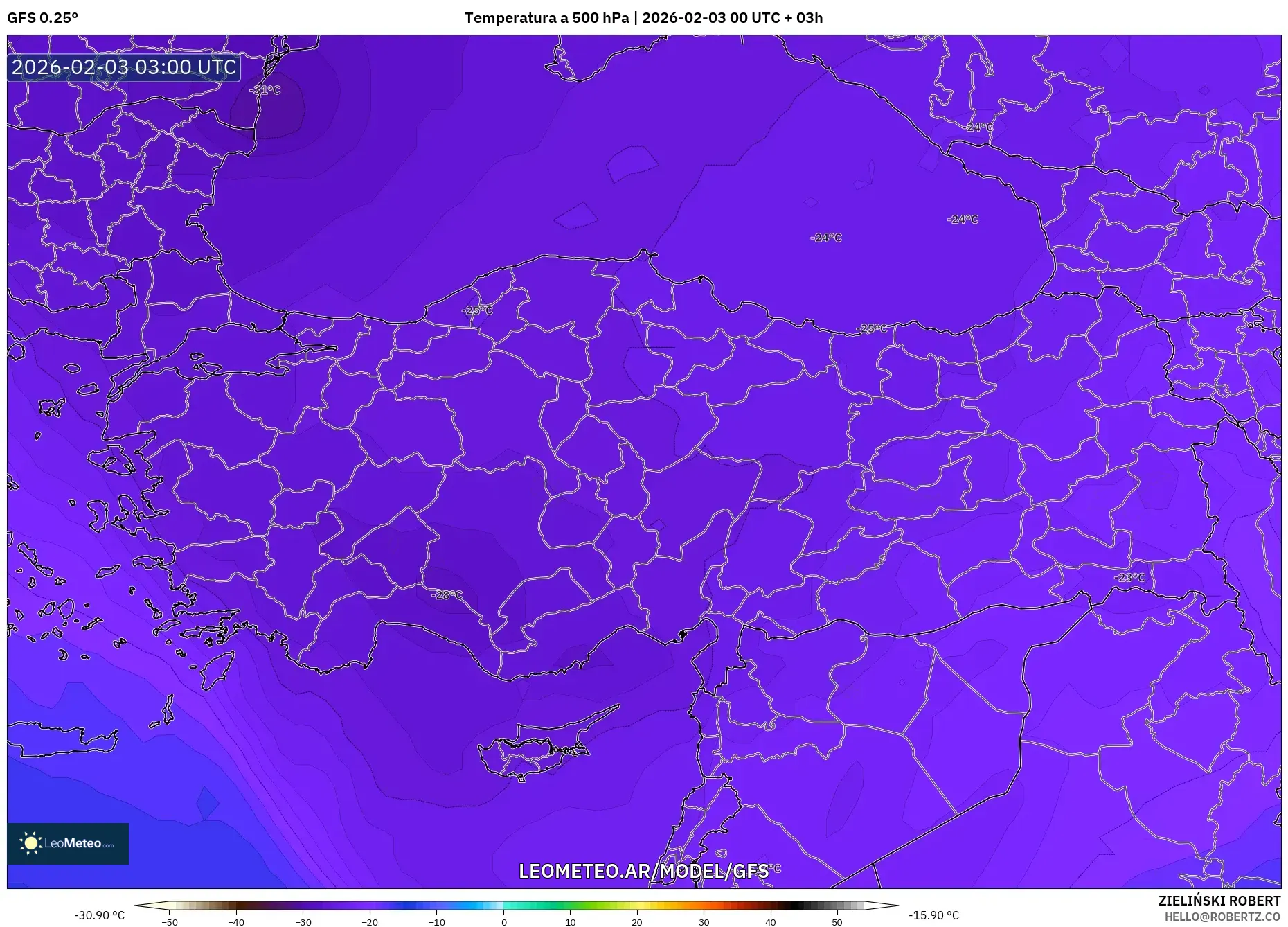GFS model - Turquía, Temperatura a 500 hPa