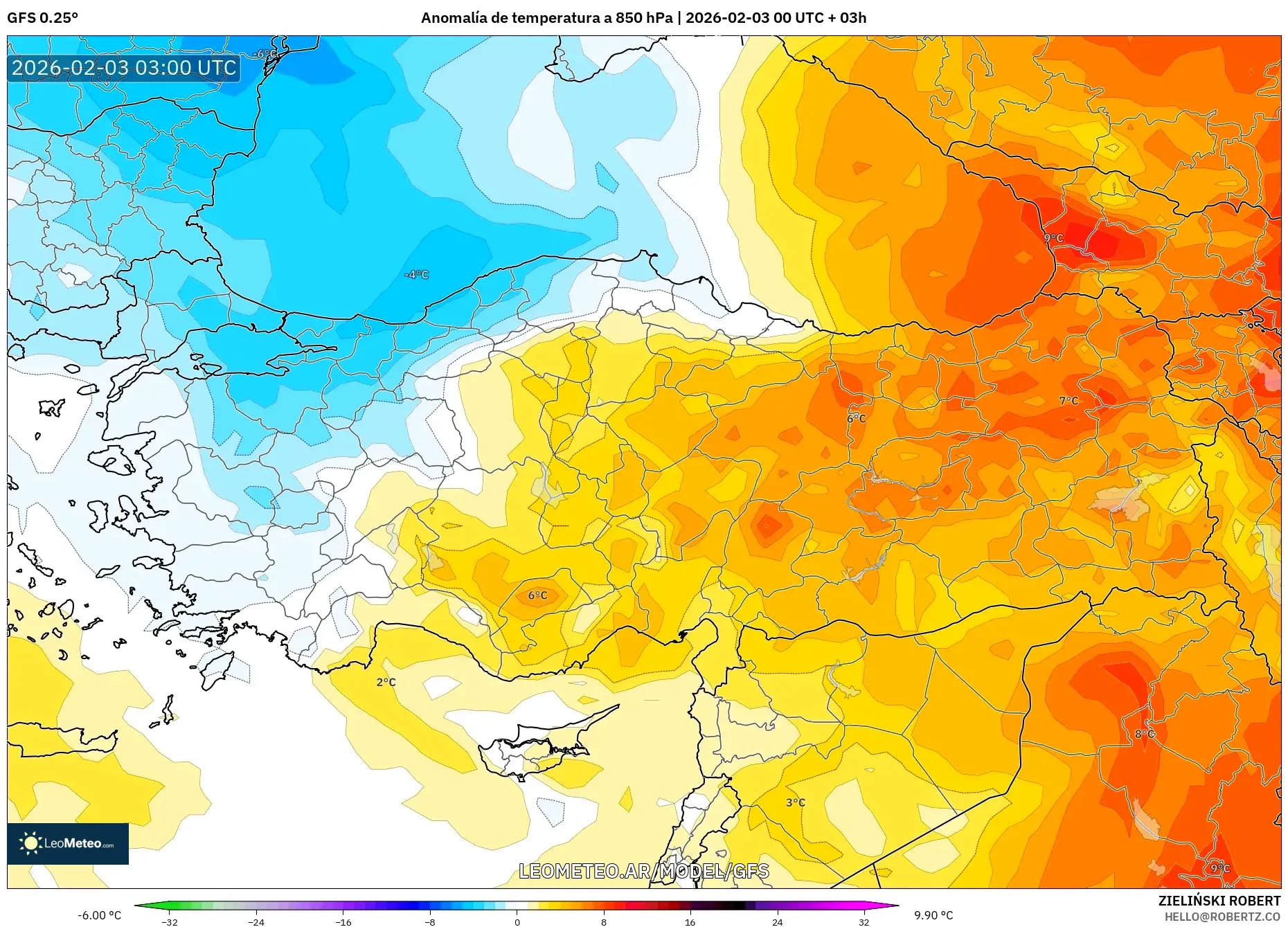 GFS model - Turquía, Anomalía de temperatura a 850 hPa