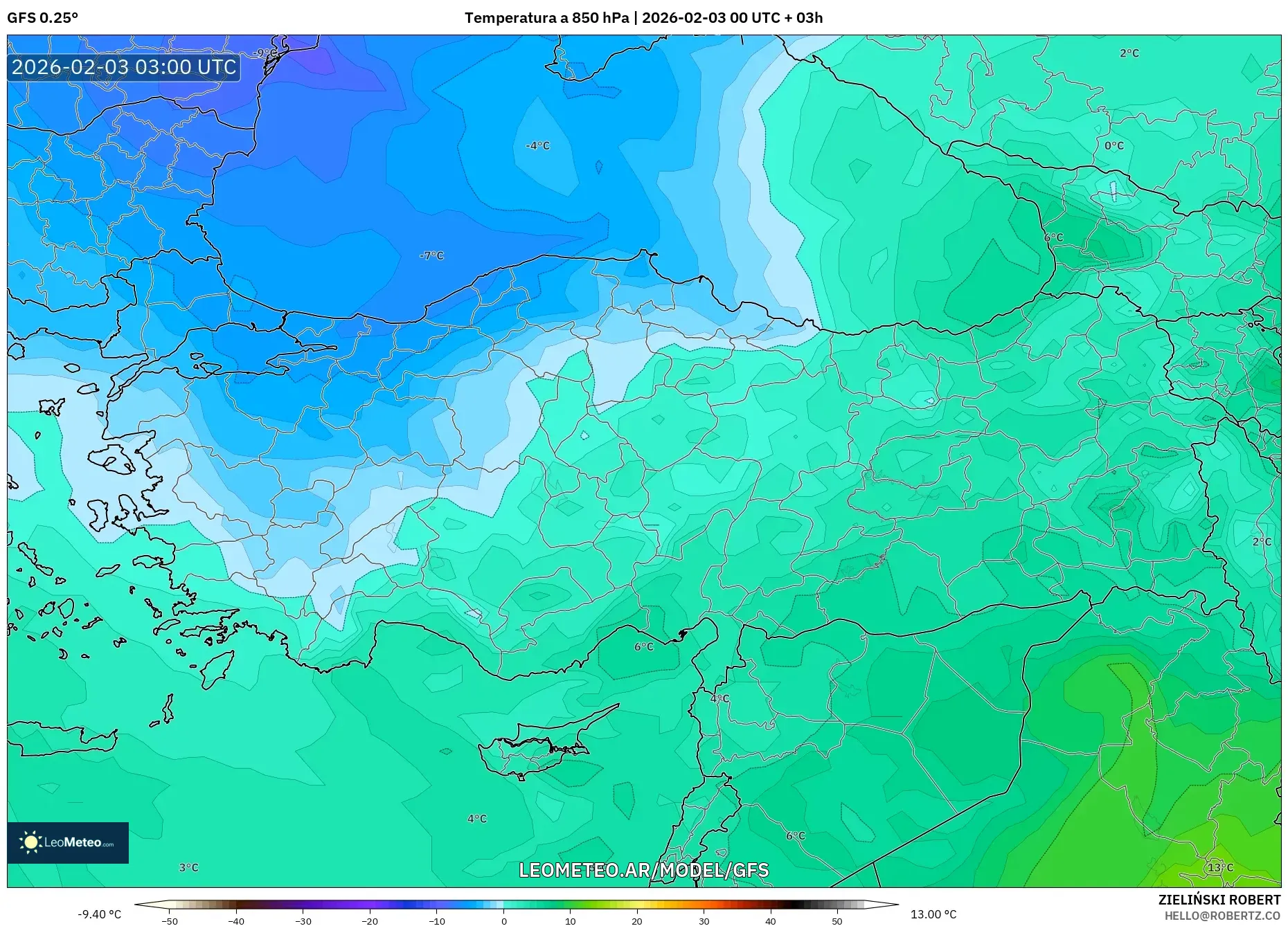 GFS model - Turquía, Temperatura a 850 hPa