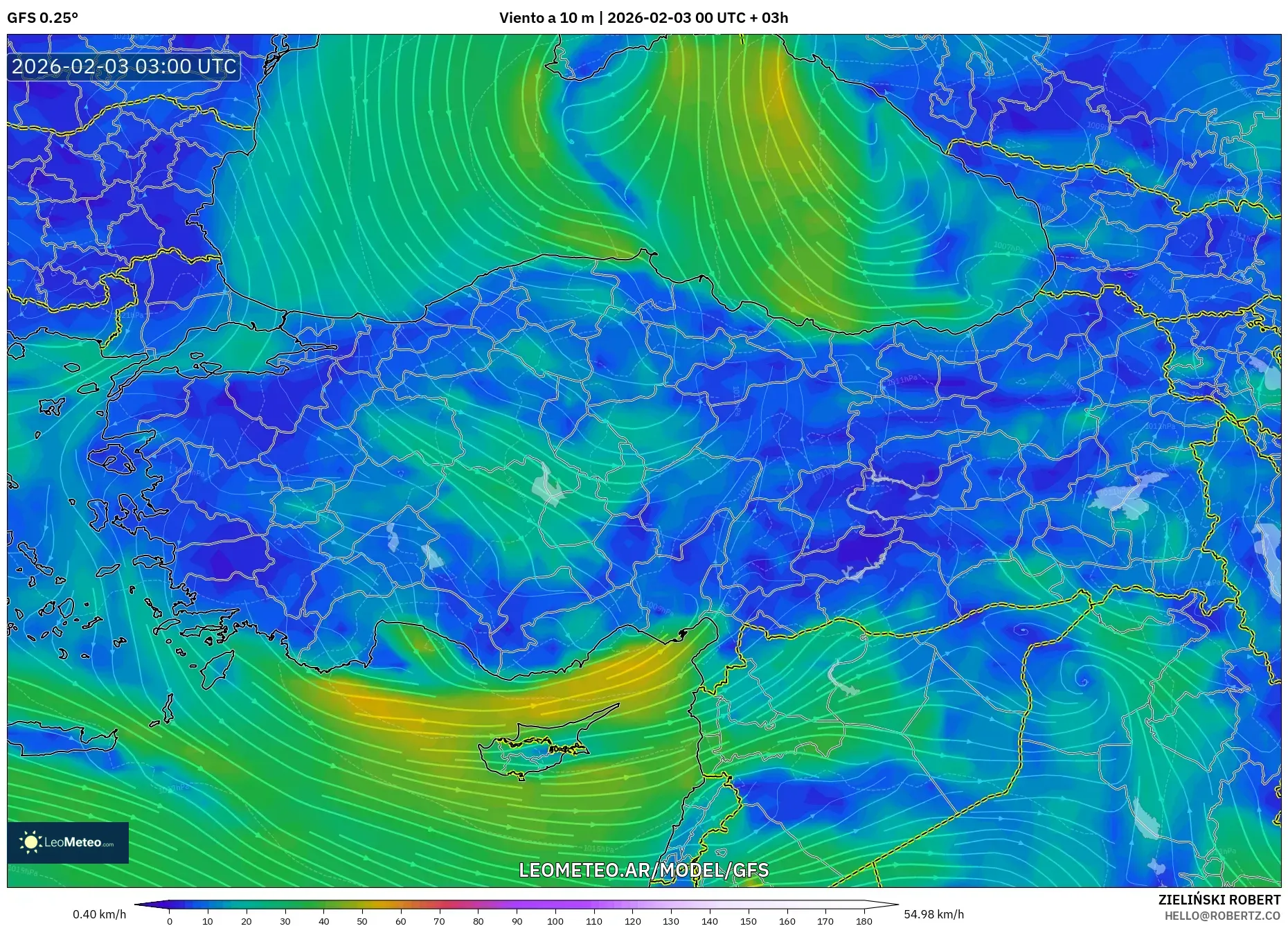 GFS model - Turquía, Viento a 10 m