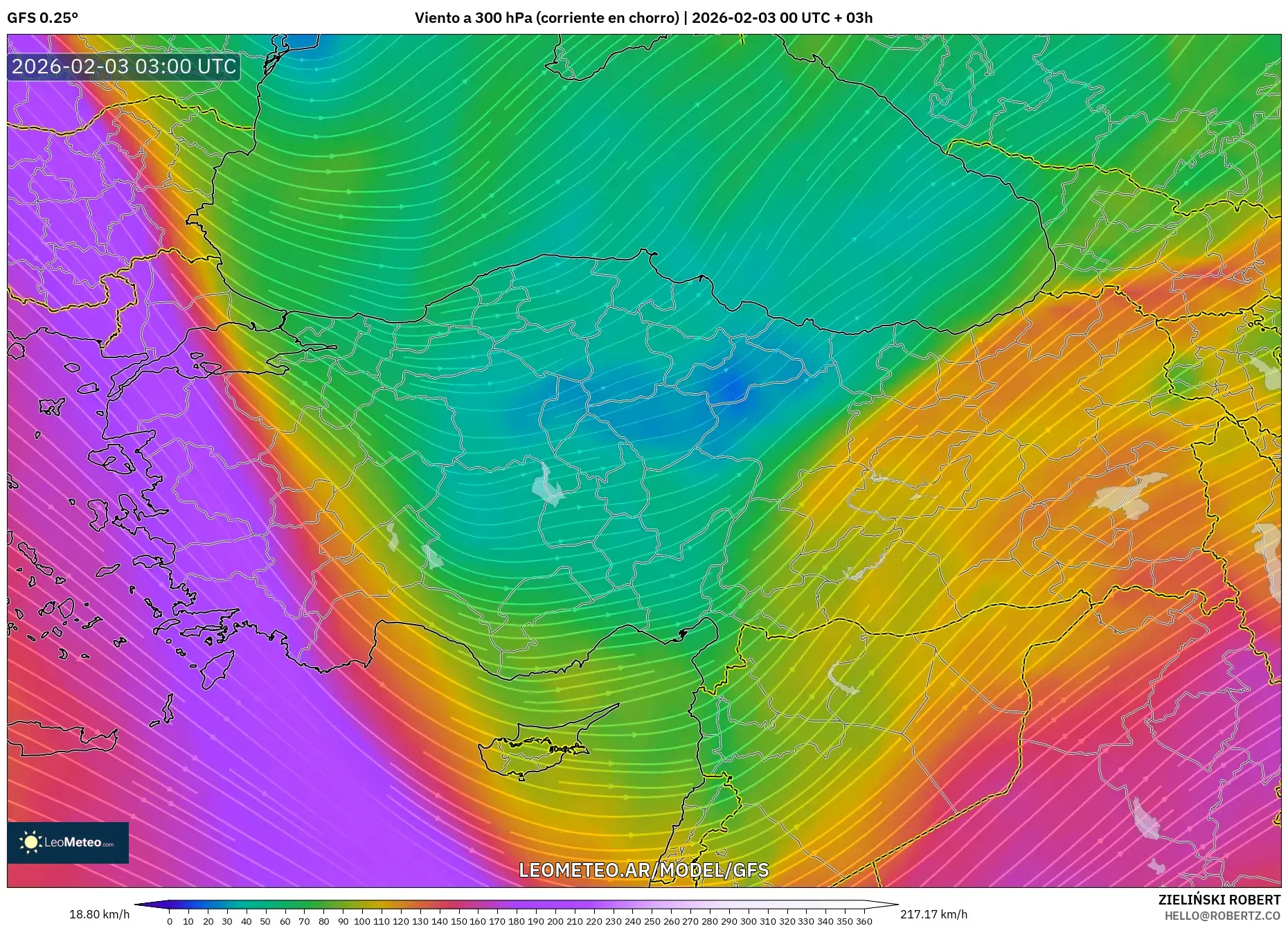 GFS model - Turquía, Viento a 300 hPa (corriente en chorro)