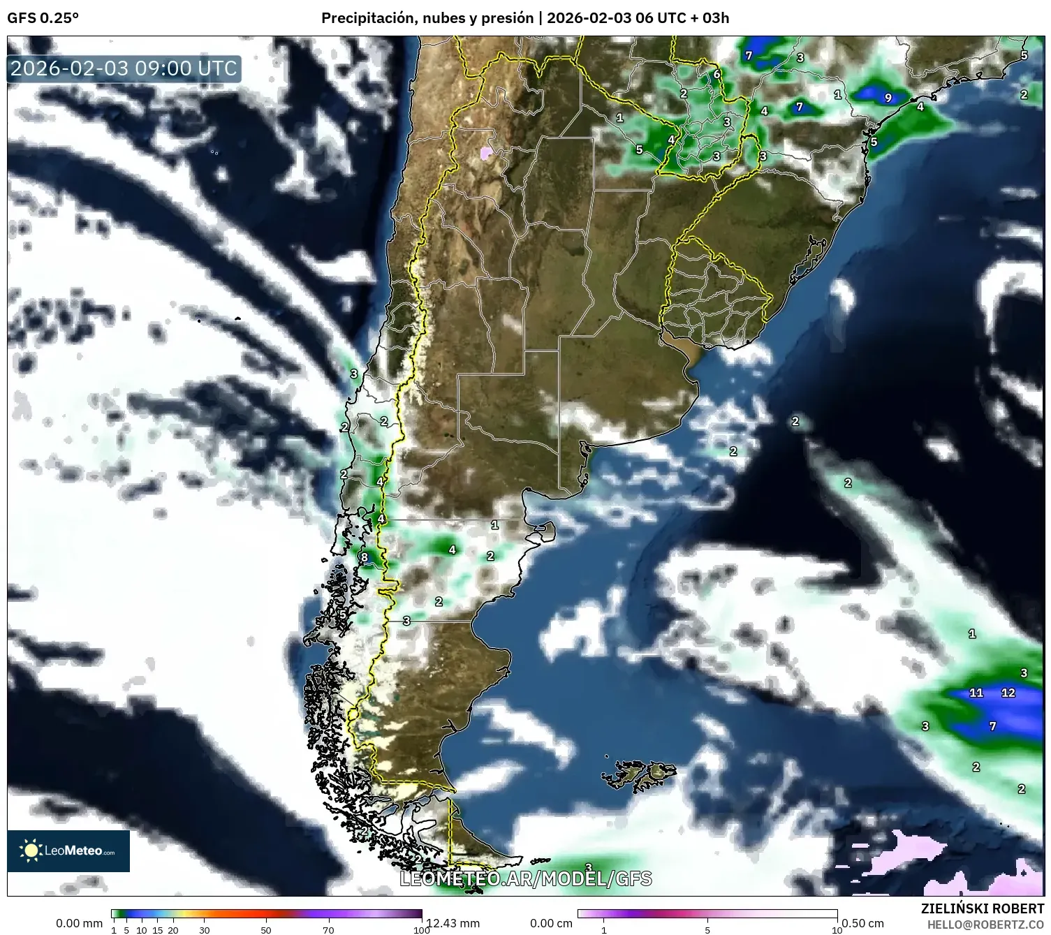 GFS model - Argentina, Precipitación, nubes y presión