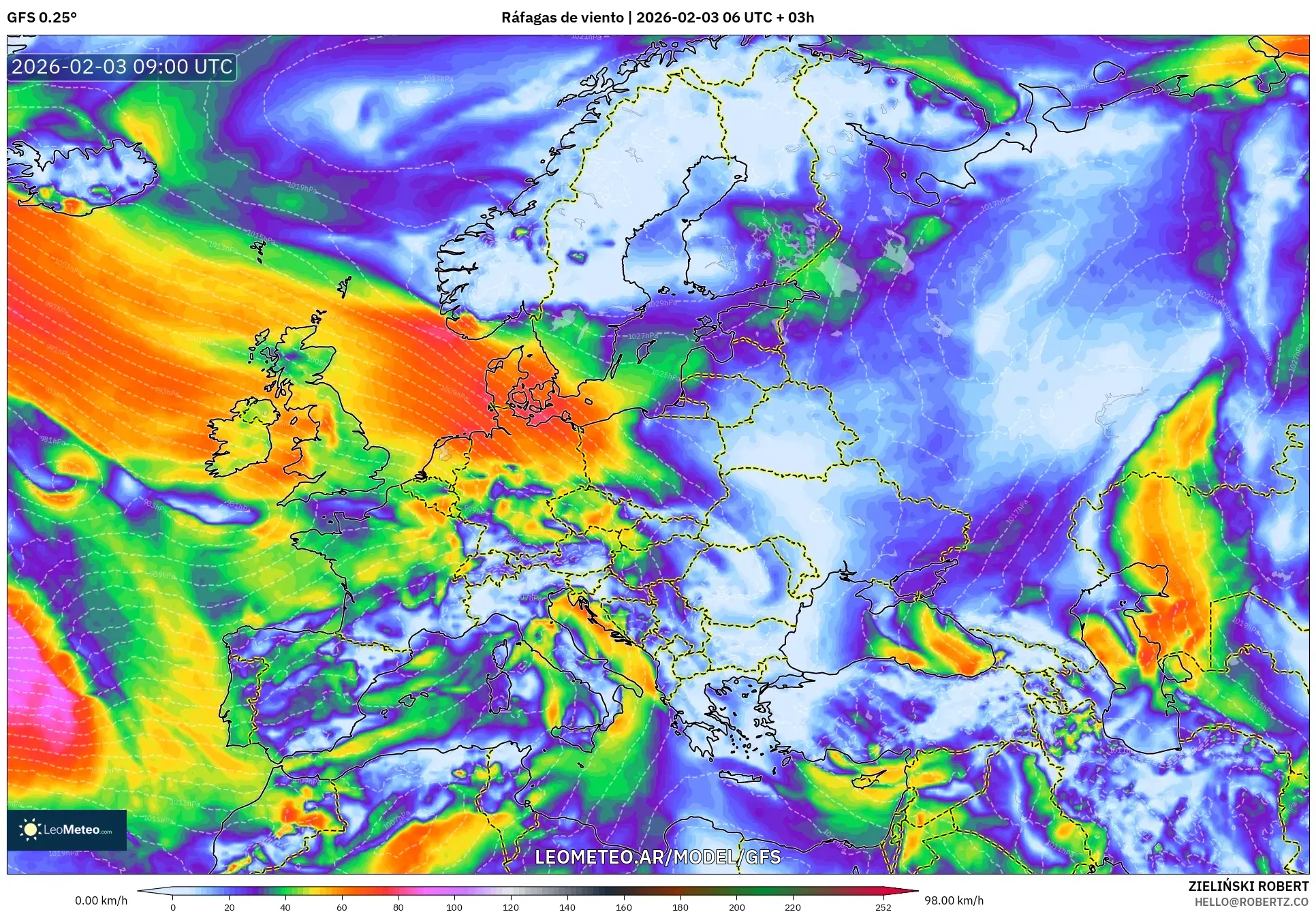 GFS model - Europa, Ráfagas de viento