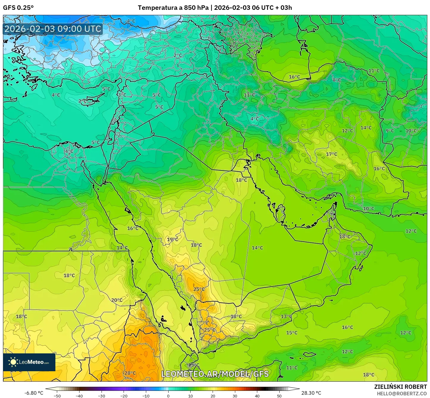 GFS model - Oriente Medio, Temperatura a 850 hPa