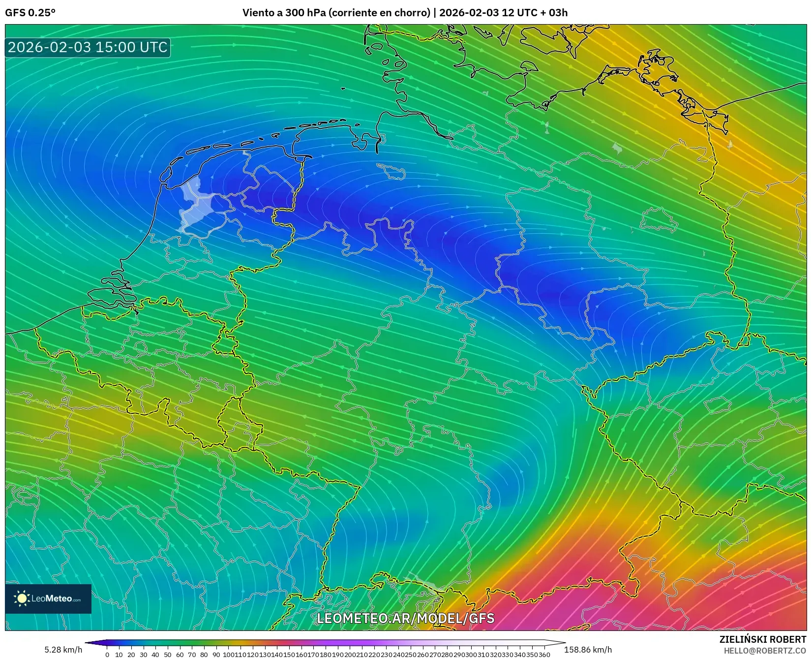 GFS model - Alemania, Viento a 300 hPa (corriente en chorro)