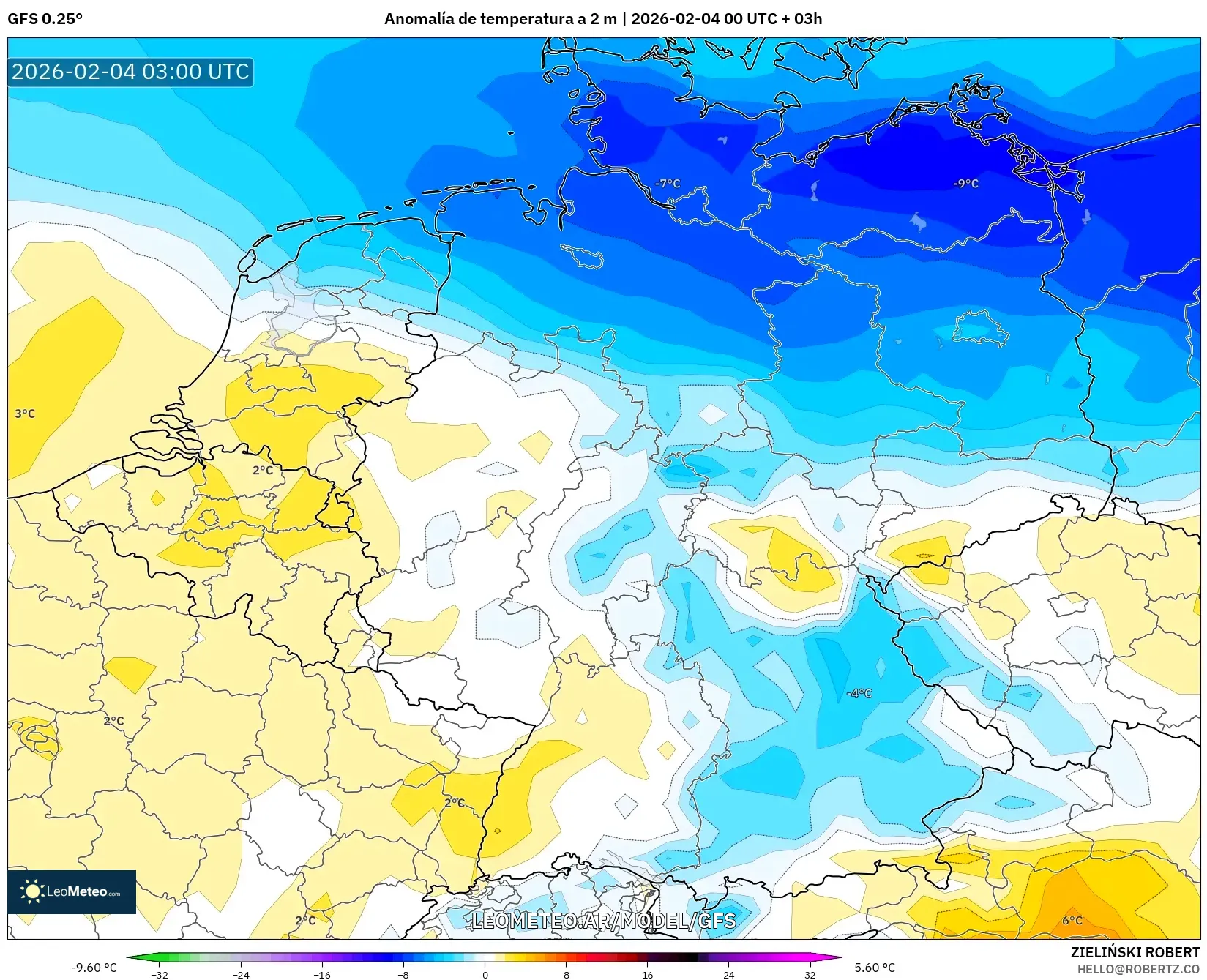 GFS model - Alemania, Anomalía de temperatura a 2 m