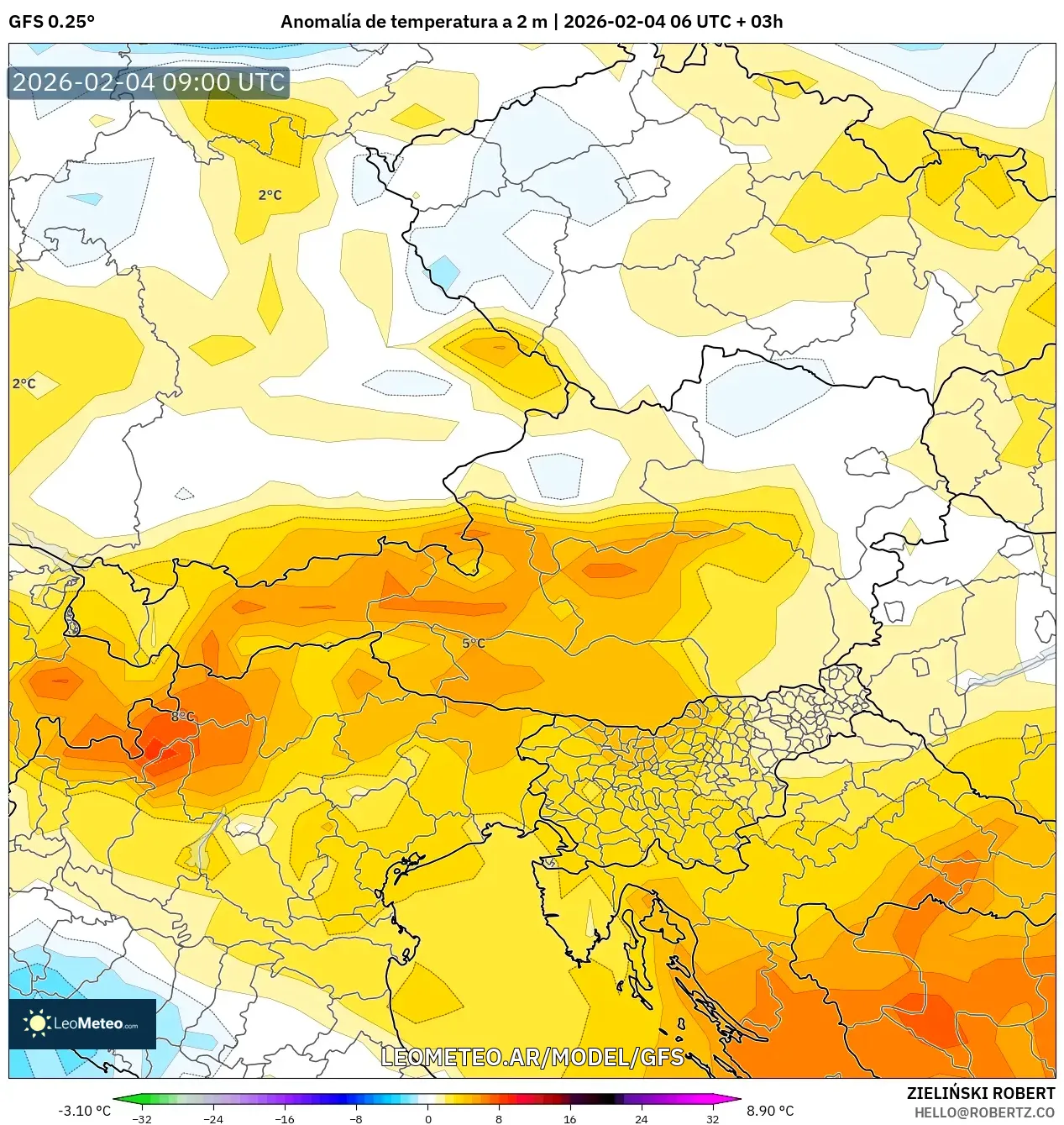 GFS model - Austria, Anomalía de temperatura a 2 m