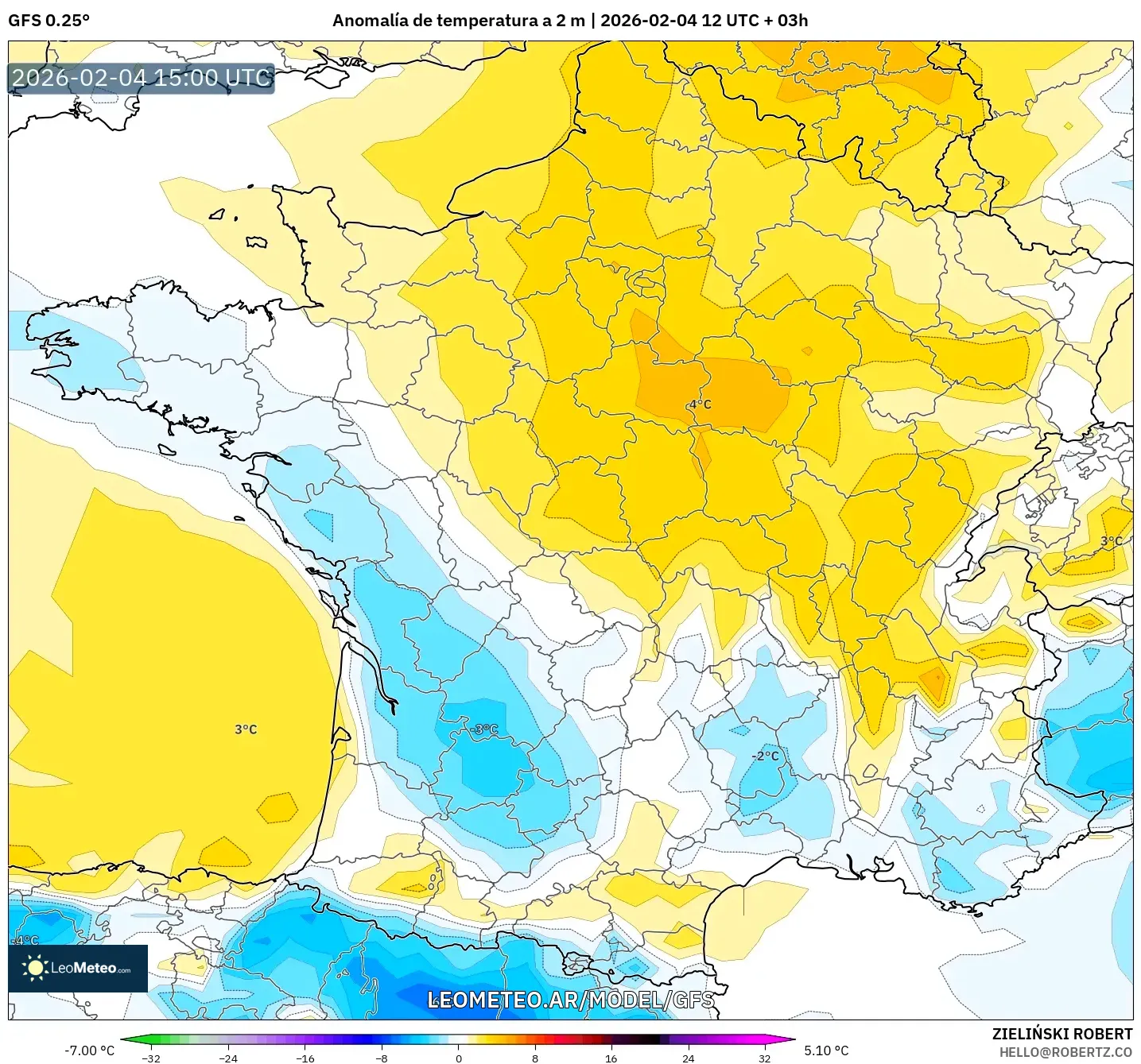 GFS model - Francia, Anomalía de temperatura a 2 m