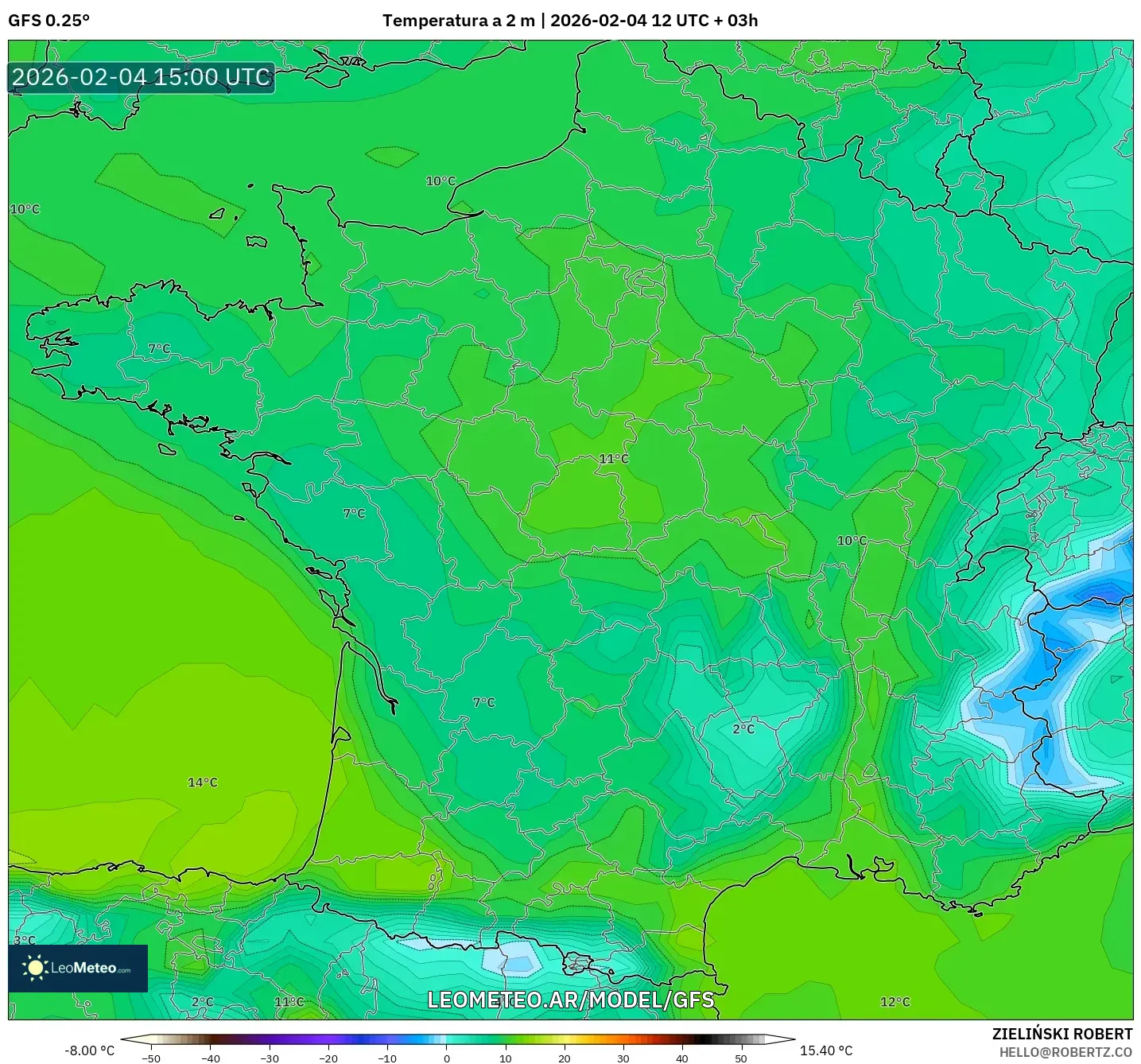 GFS model - Francia, Temperatura a 2 m