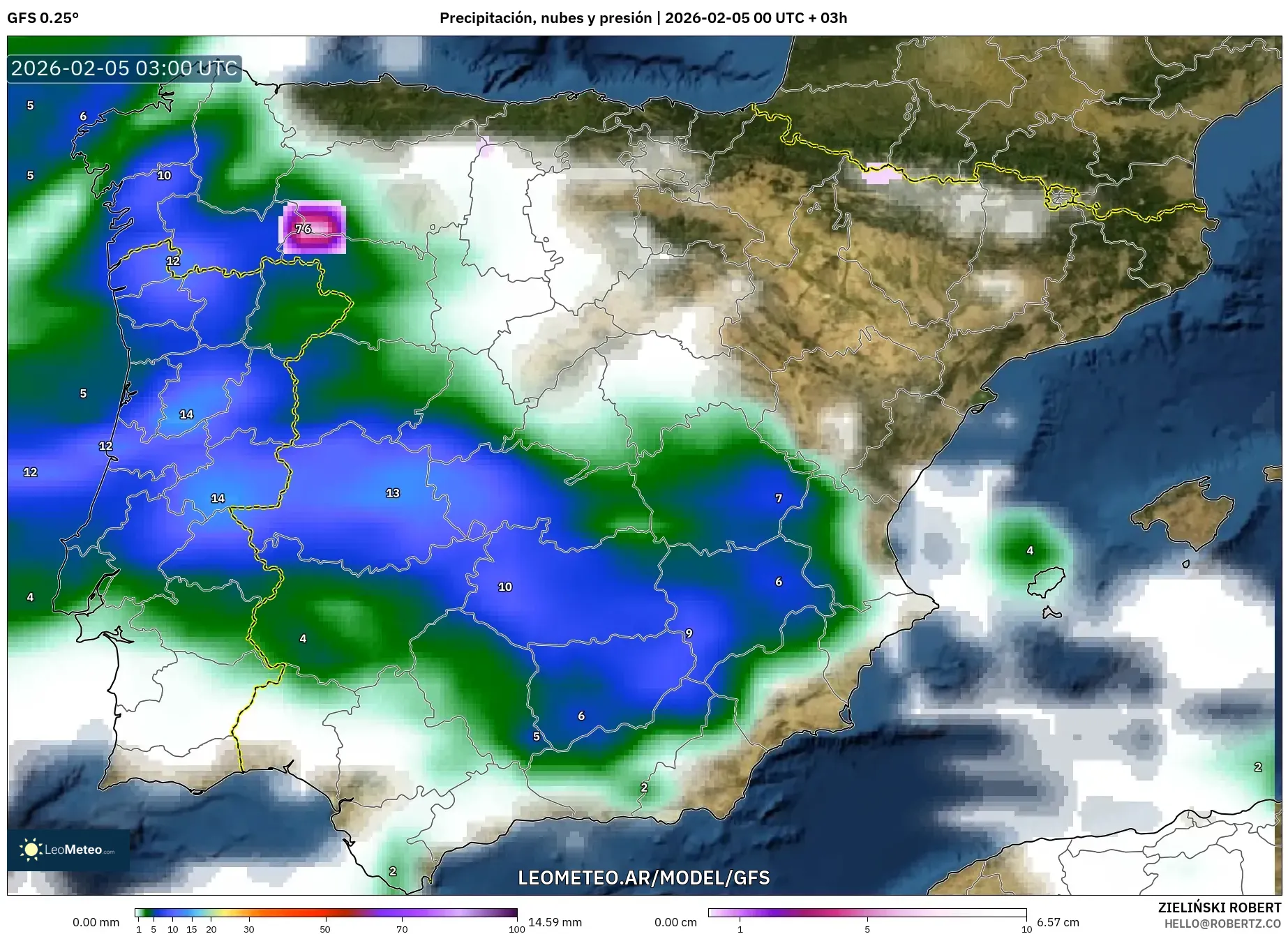 GFS model - España, Precipitación, nubes y presión