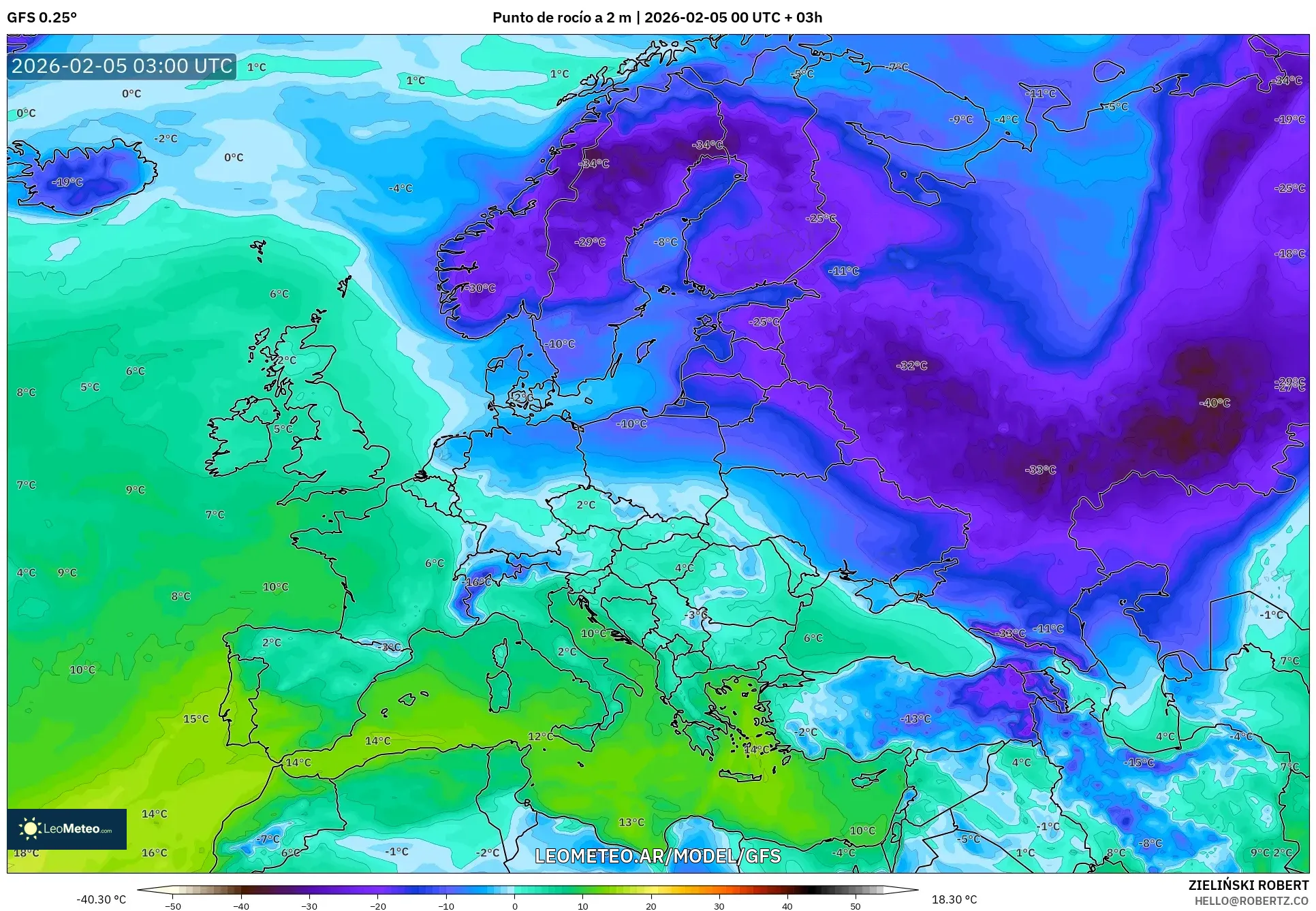 GFS model - Europa, Punto de rocío a 2 m