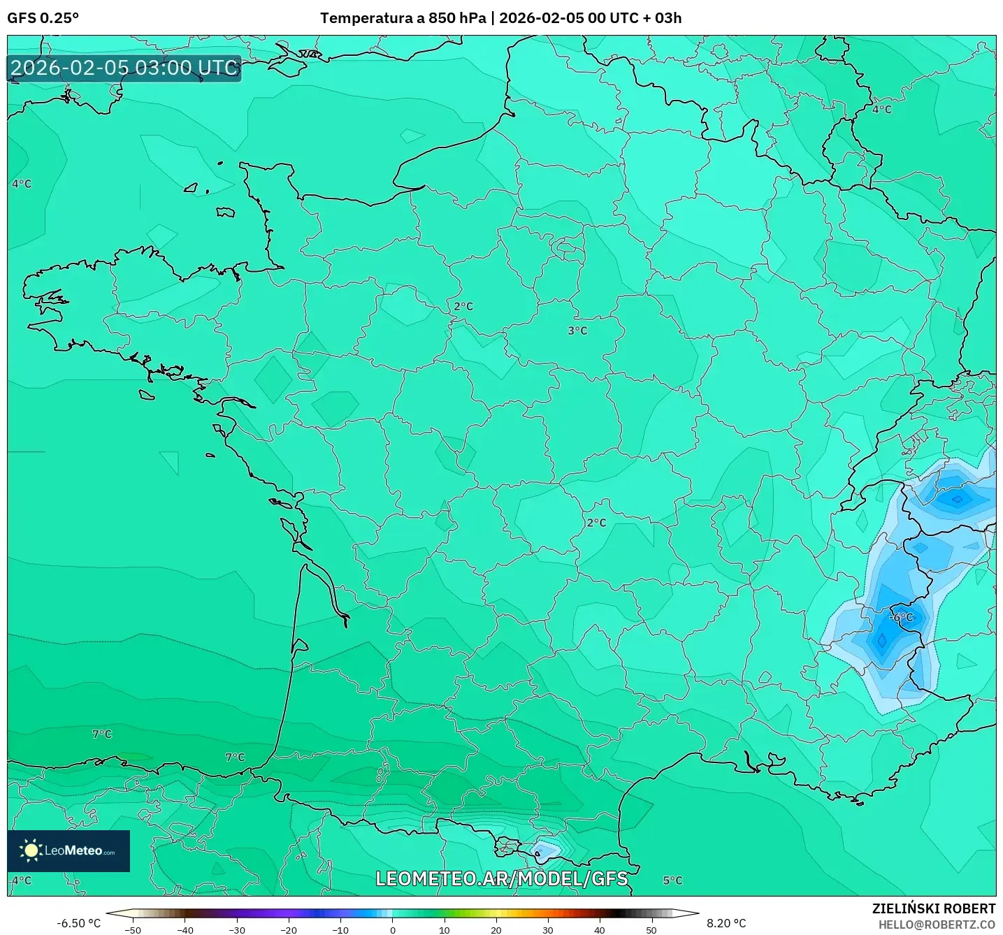 GFS model - Francia, Temperatura a 850 hPa