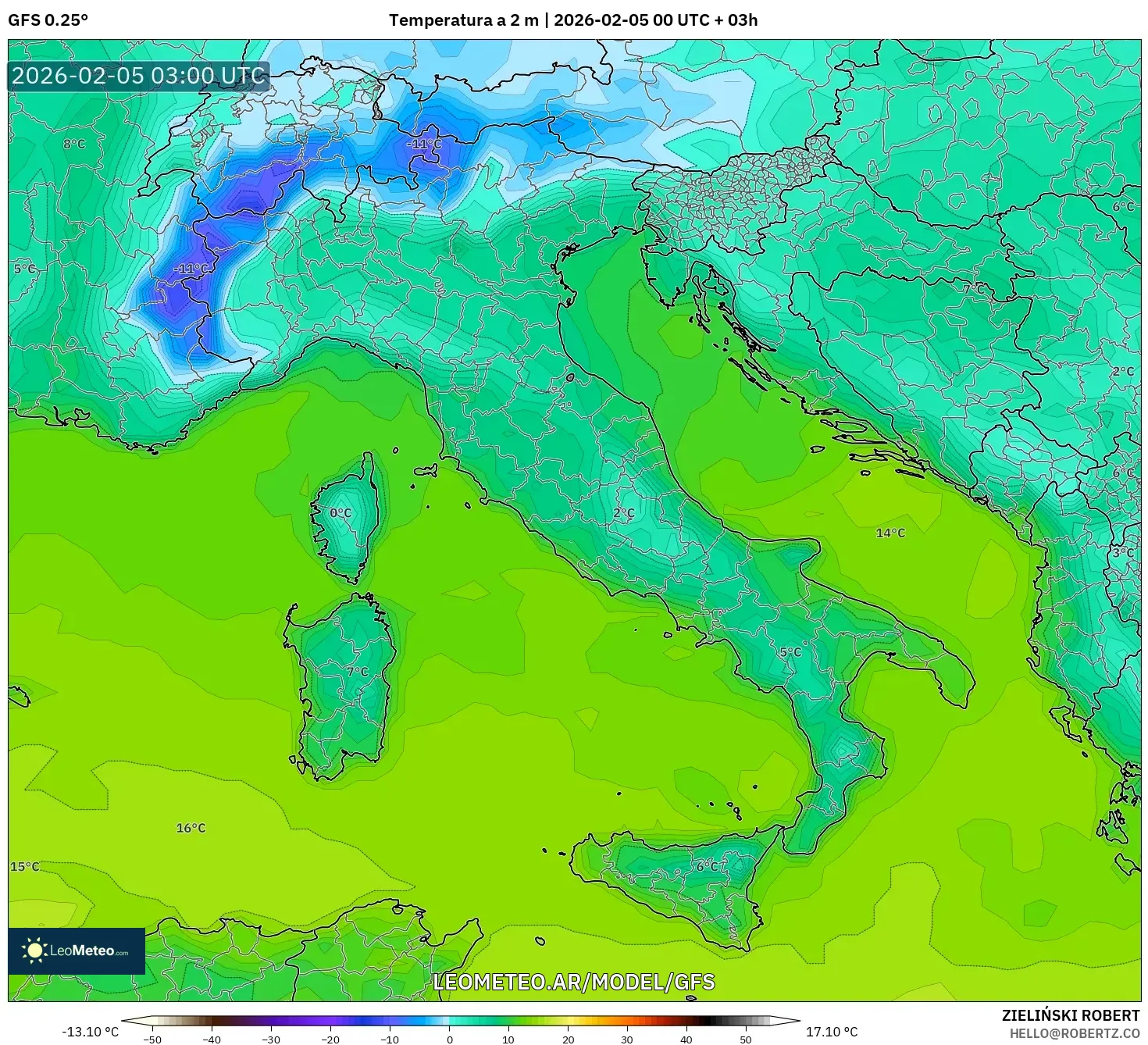 GFS model - Italia, Temperatura a 2 m