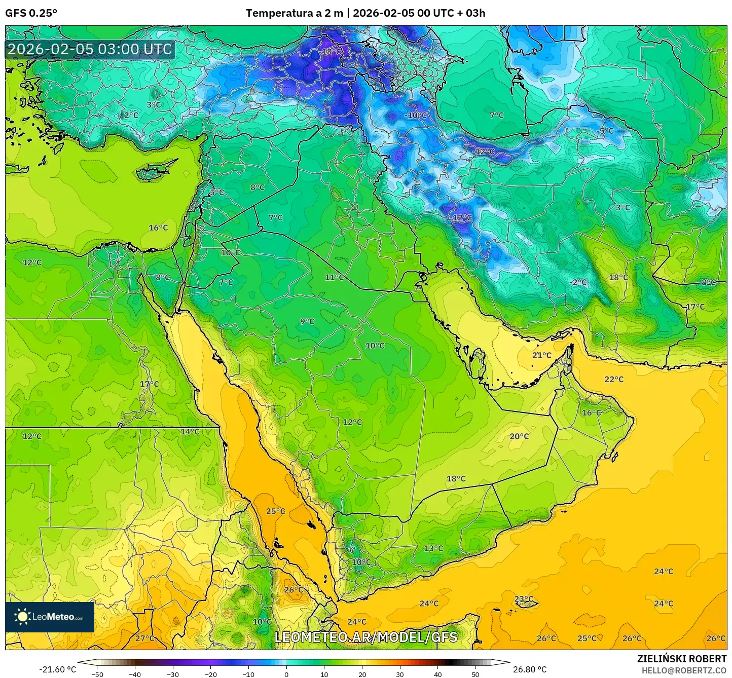 GFS model - Oriente Medio, Temperatura a 2 m