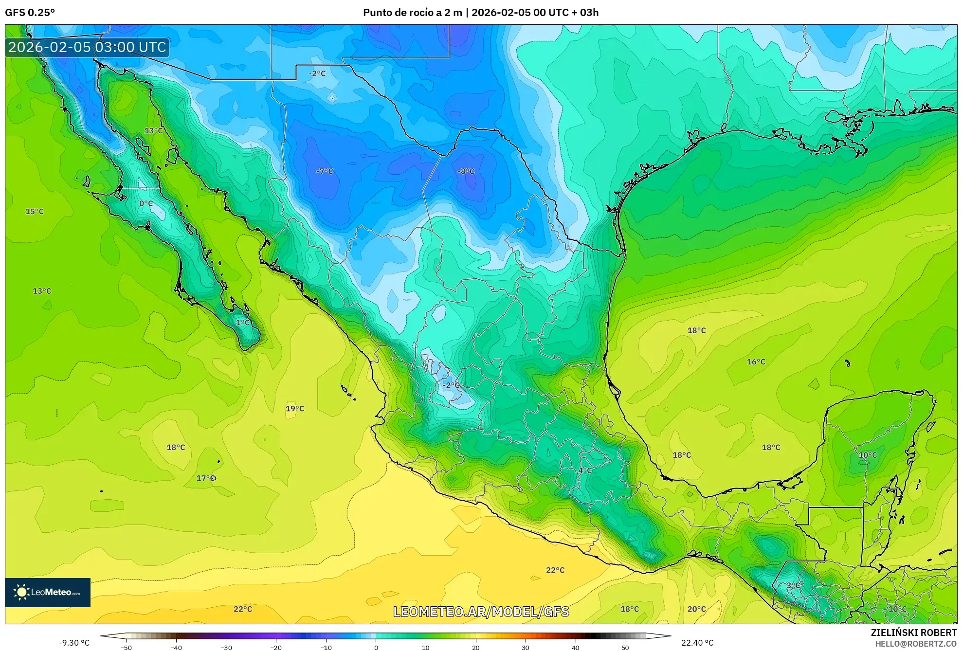 GFS model - México, Punto de rocío a 2 m