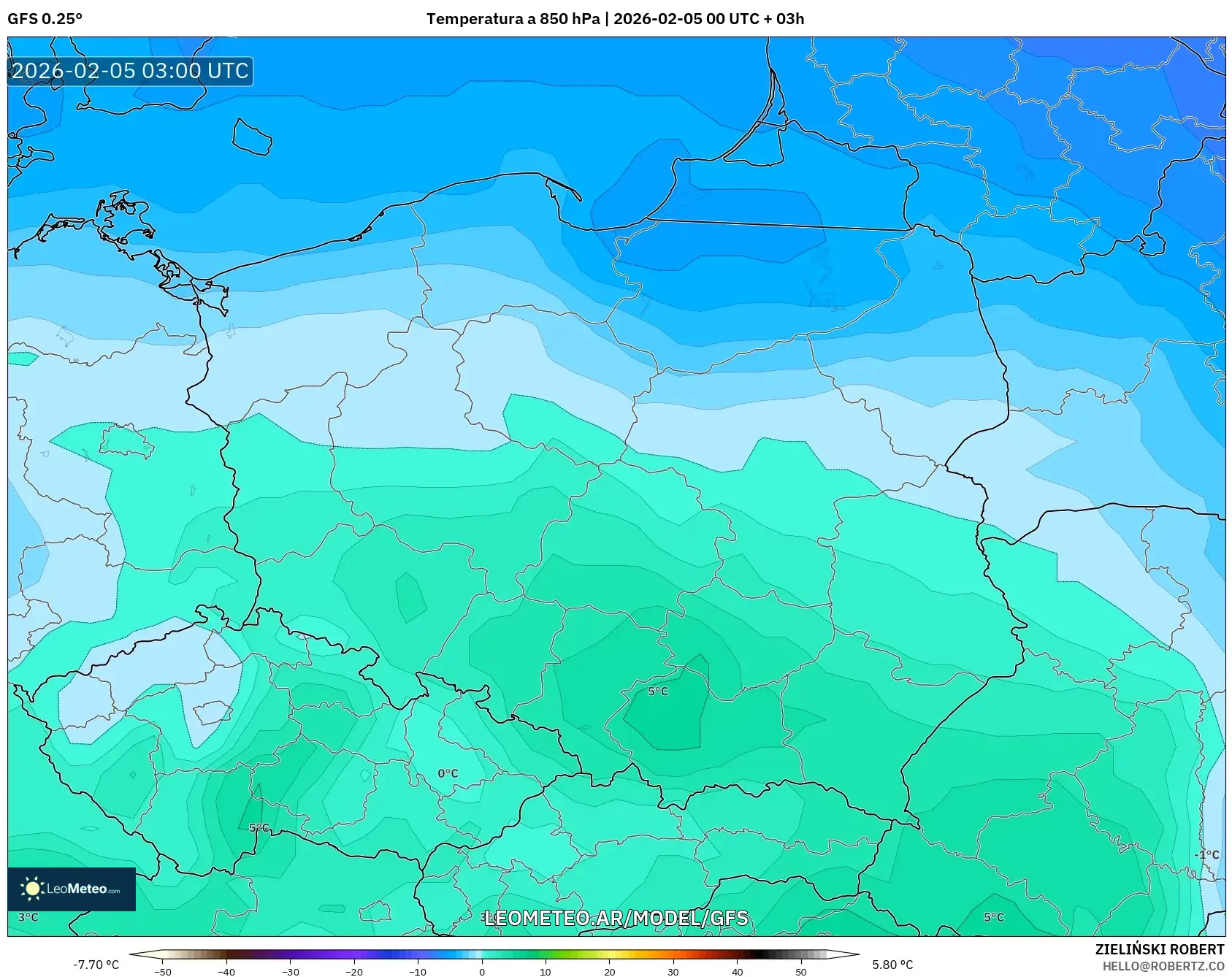 GFS model - Polonia, Temperatura a 850 hPa