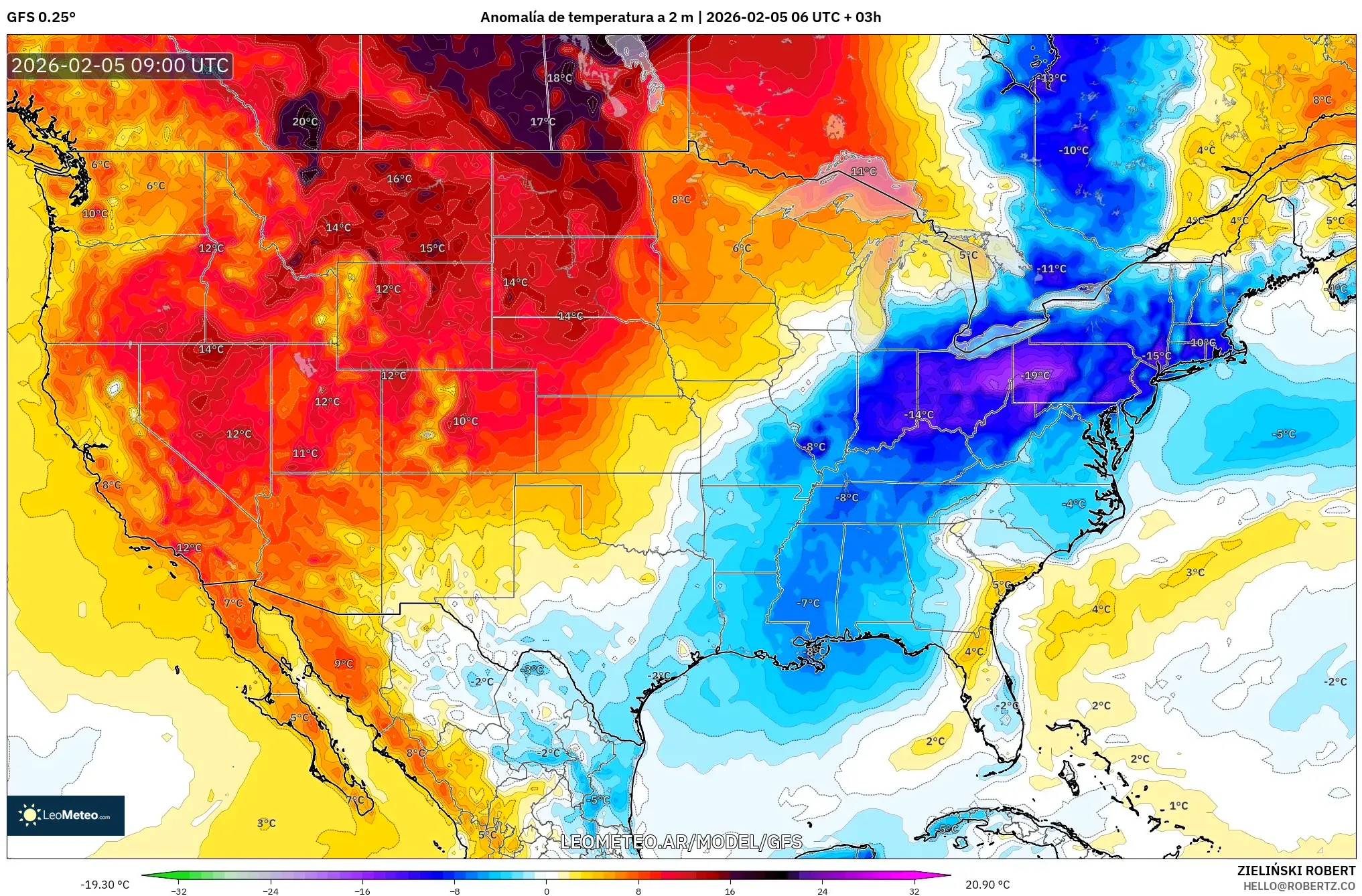 GFS model - Estados Unidos, Anomalía de temperatura a 2 m