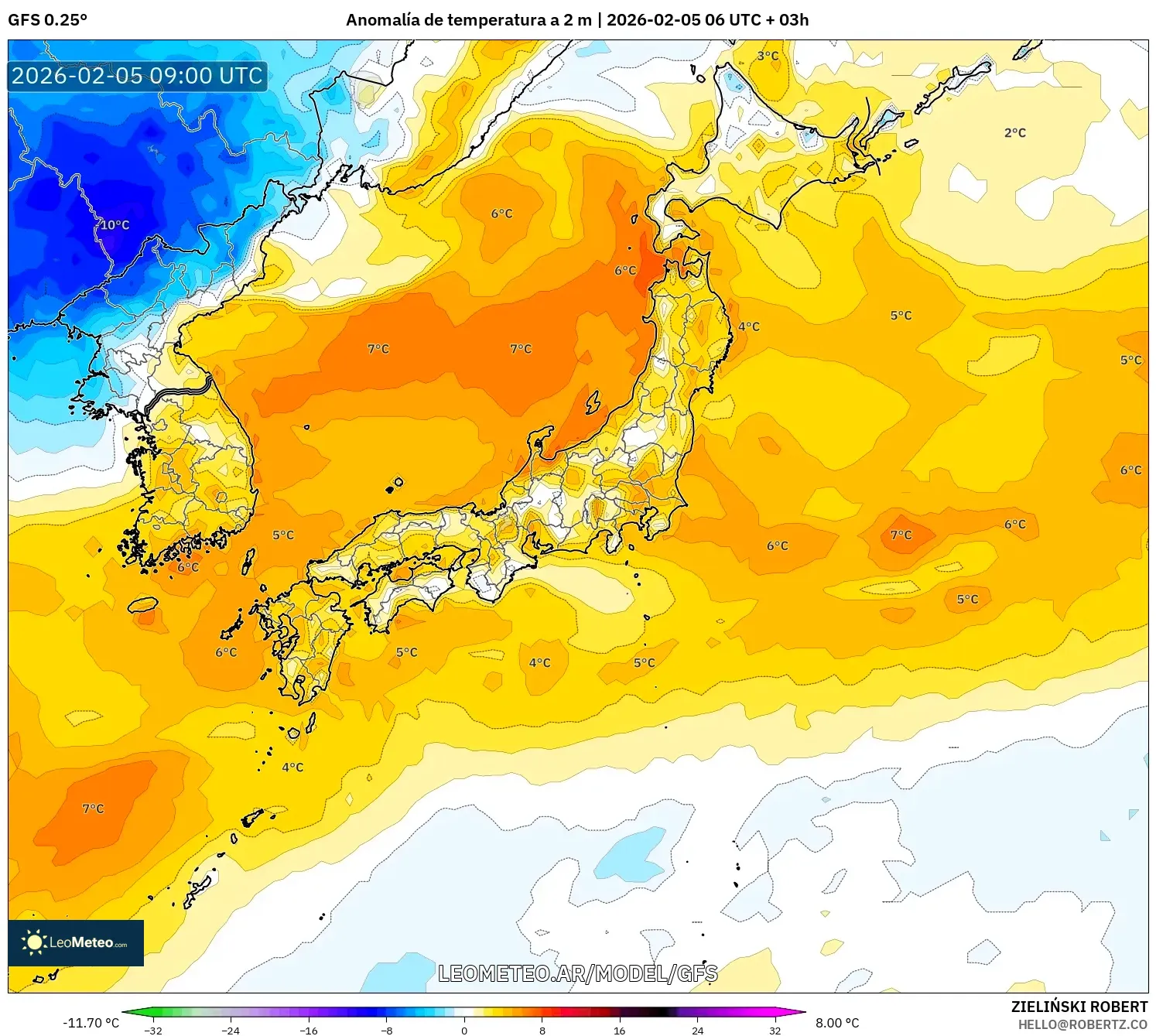 GFS model - Japón, Anomalía de temperatura a 2 m