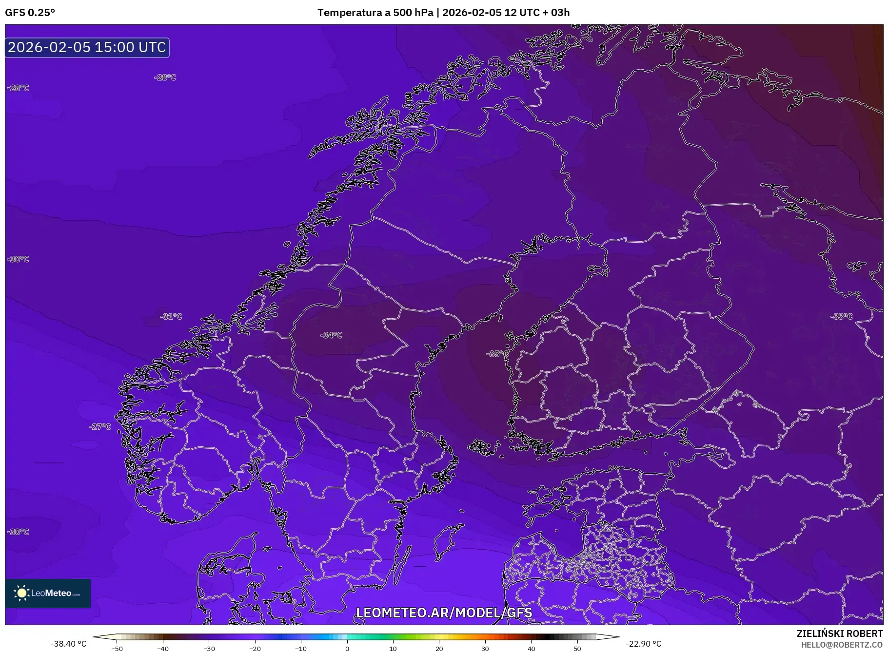 GFS model - Escandinavia, Temperatura a 500 hPa