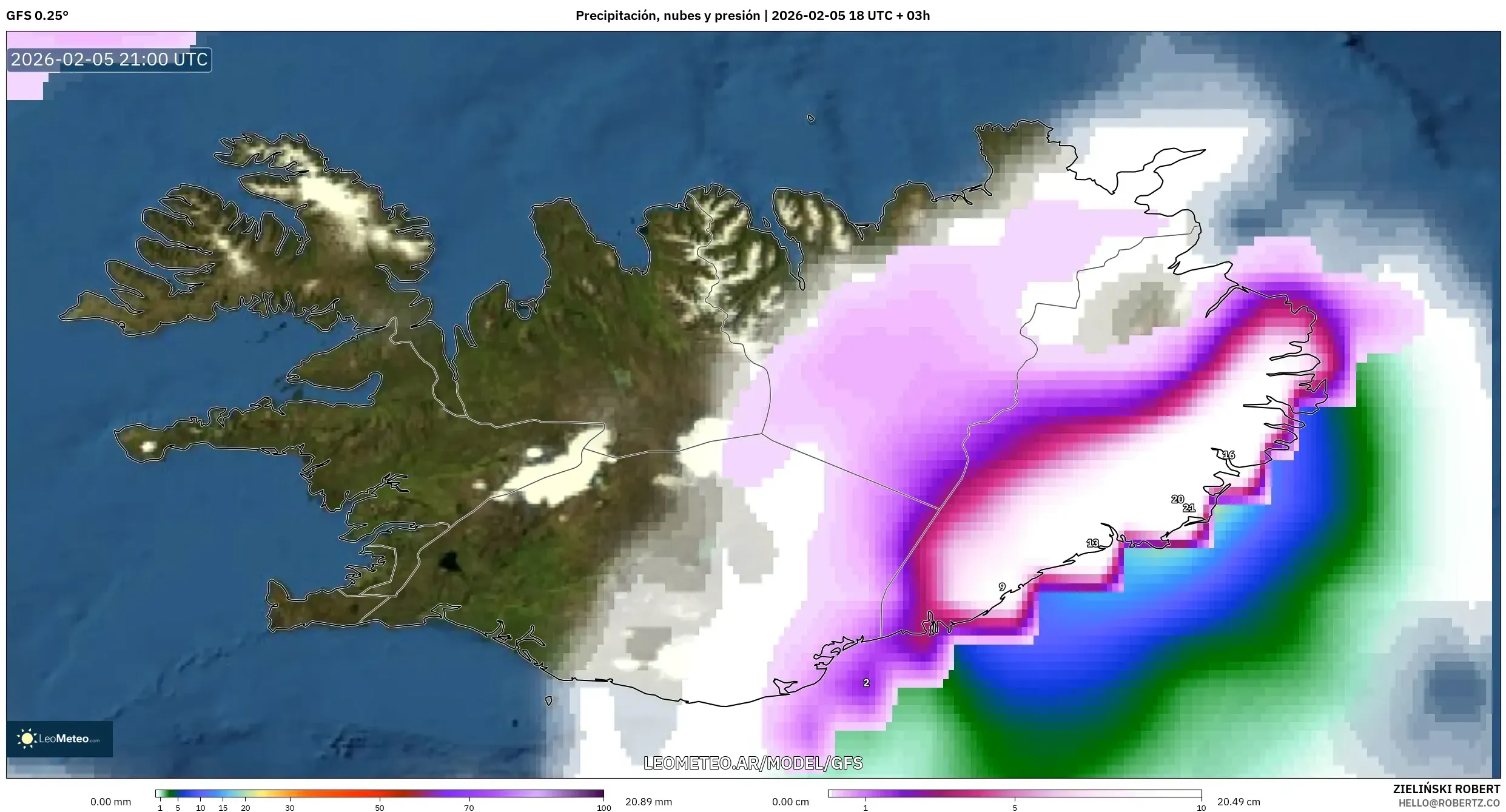 GFS model - Islandia, Precipitación, nubes y presión