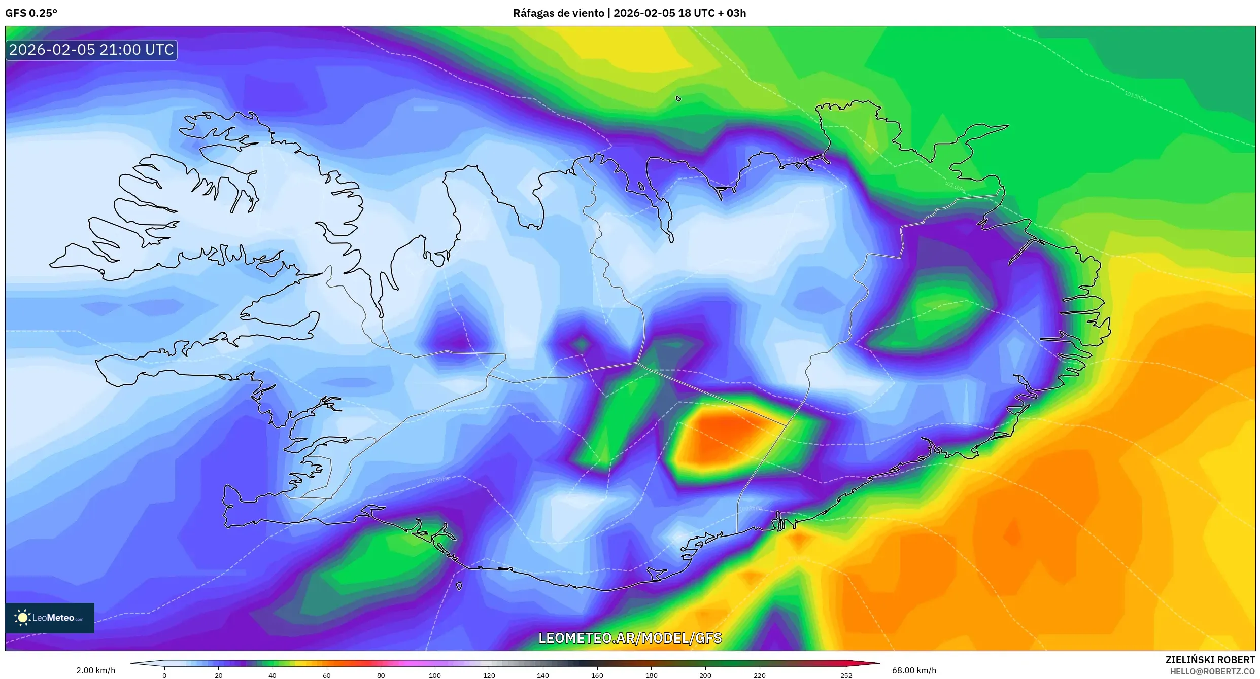 GFS model - Islandia, Ráfagas de viento