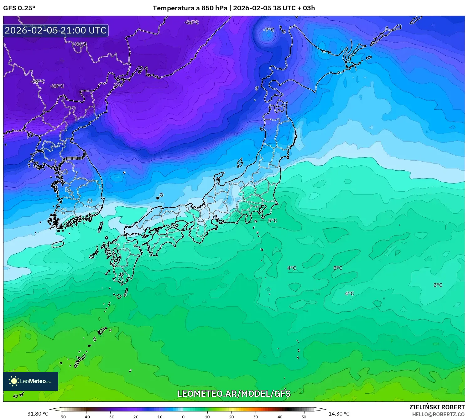 GFS model - Japón, Temperatura a 850 hPa