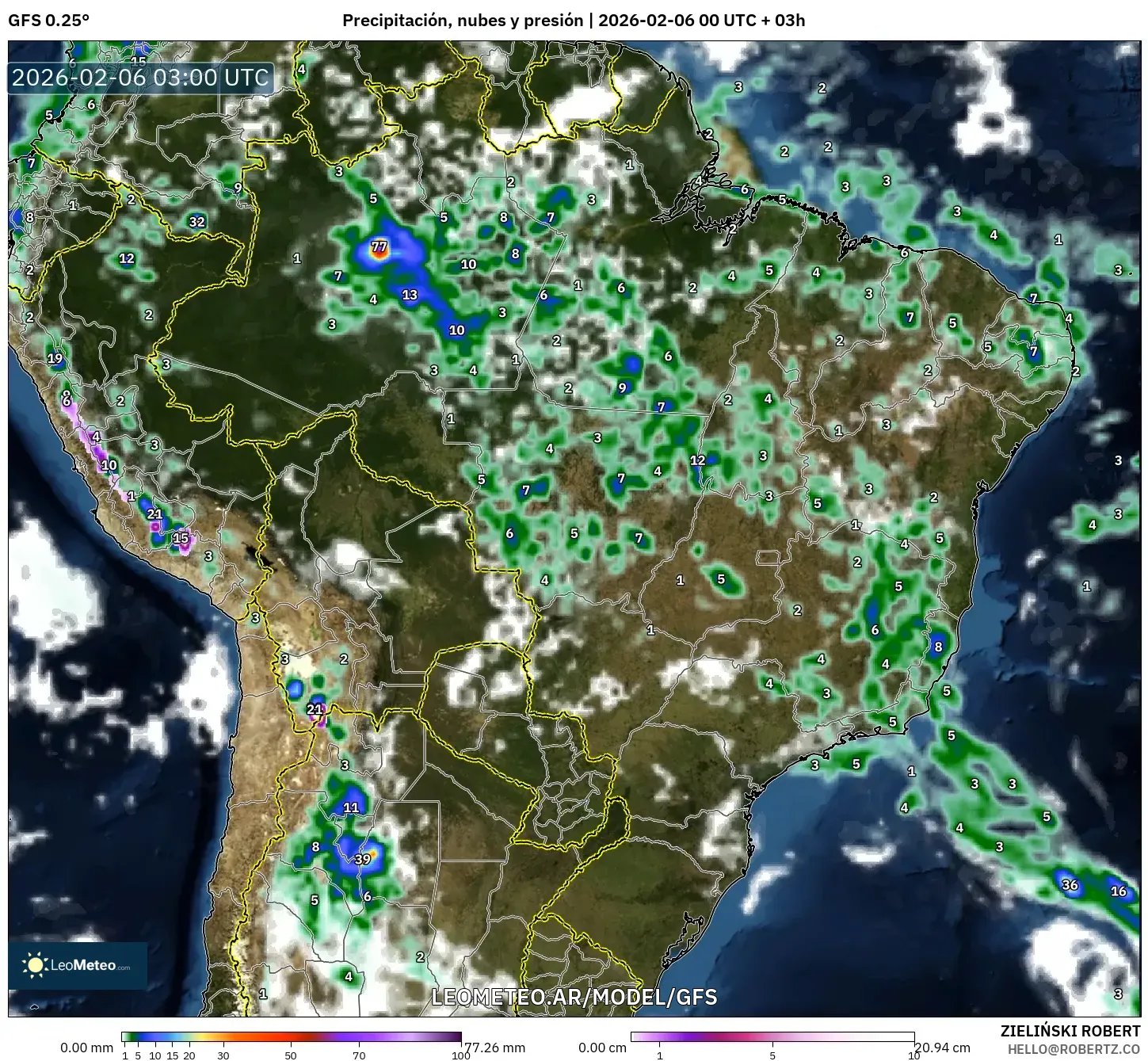GFS model - Brasil, Precipitación, nubes y presión