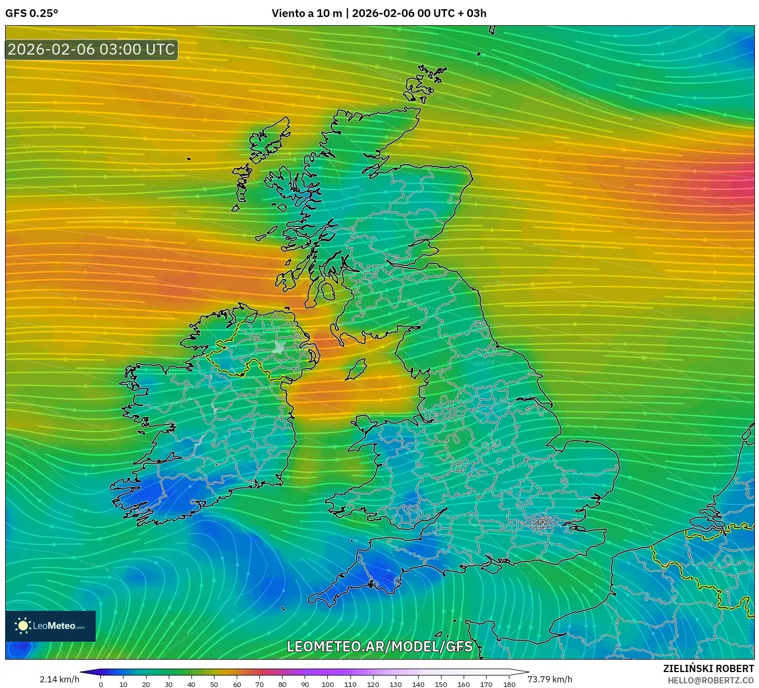GFS model - Reino Unido, Viento a 10 m