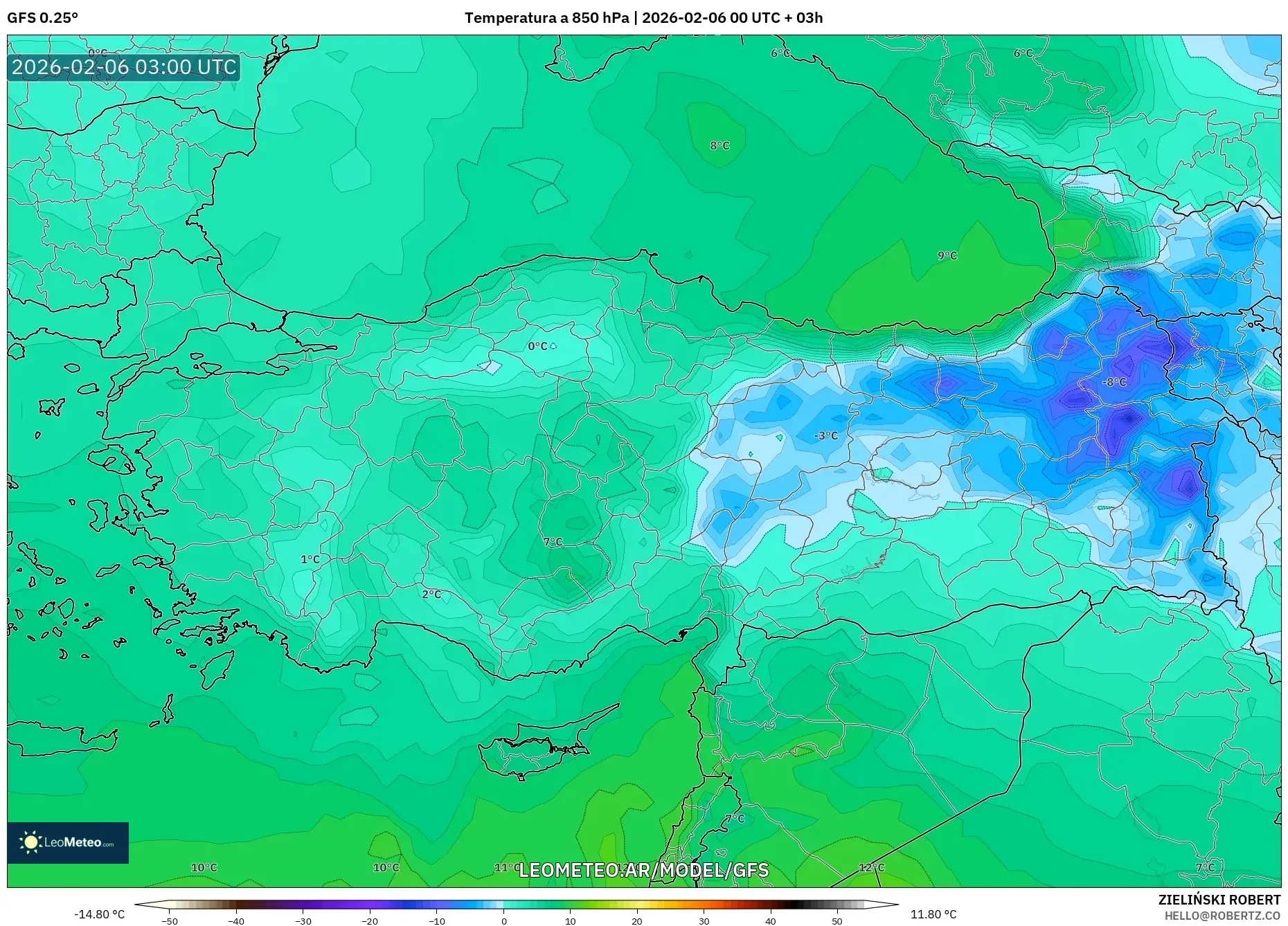 GFS model - Turquía, Temperatura a 850 hPa