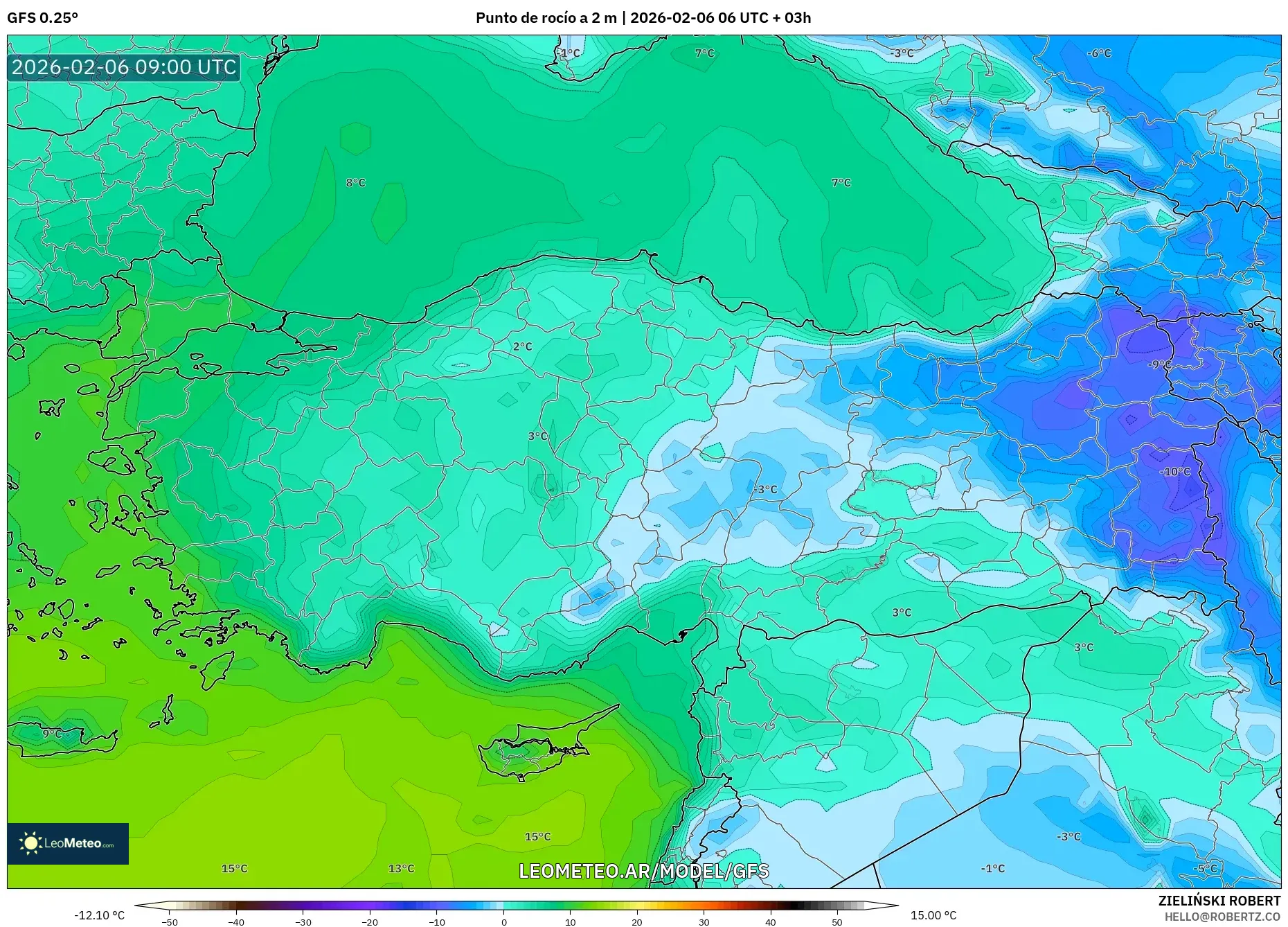 GFS model - Turquía, Punto de rocío a 2 m